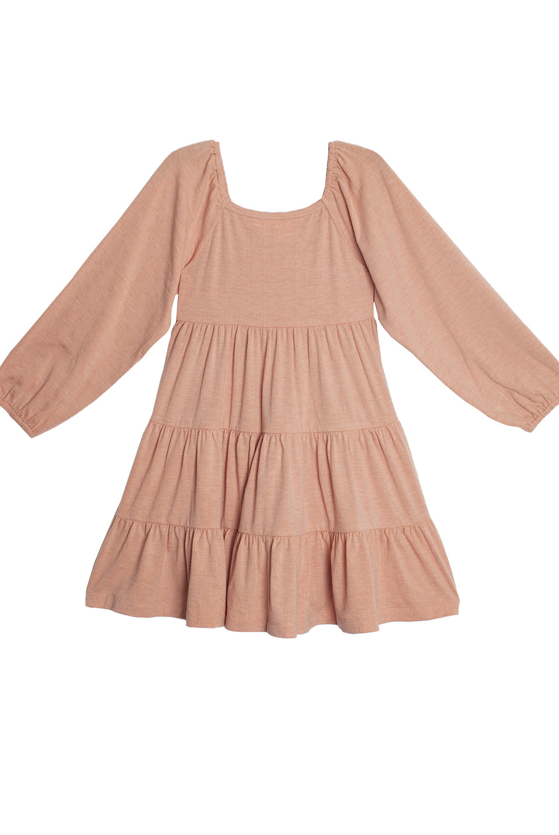 The Flower Mae Pink Dress by Mabel and Honey is a light pink, long sleeve tiered dress with a square neckline, gathered waist, elastic cuffs, bow back detail, and a loose flowy fit crafted from soft lightweight fabric.