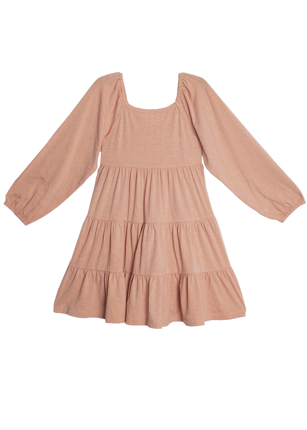 The Flower Mae Pink Dress by Mabel and Honey is a light pink, long sleeve tiered dress with a square neckline, gathered waist, elastic cuffs, bow back detail, and a loose flowy fit crafted from soft lightweight fabric.
