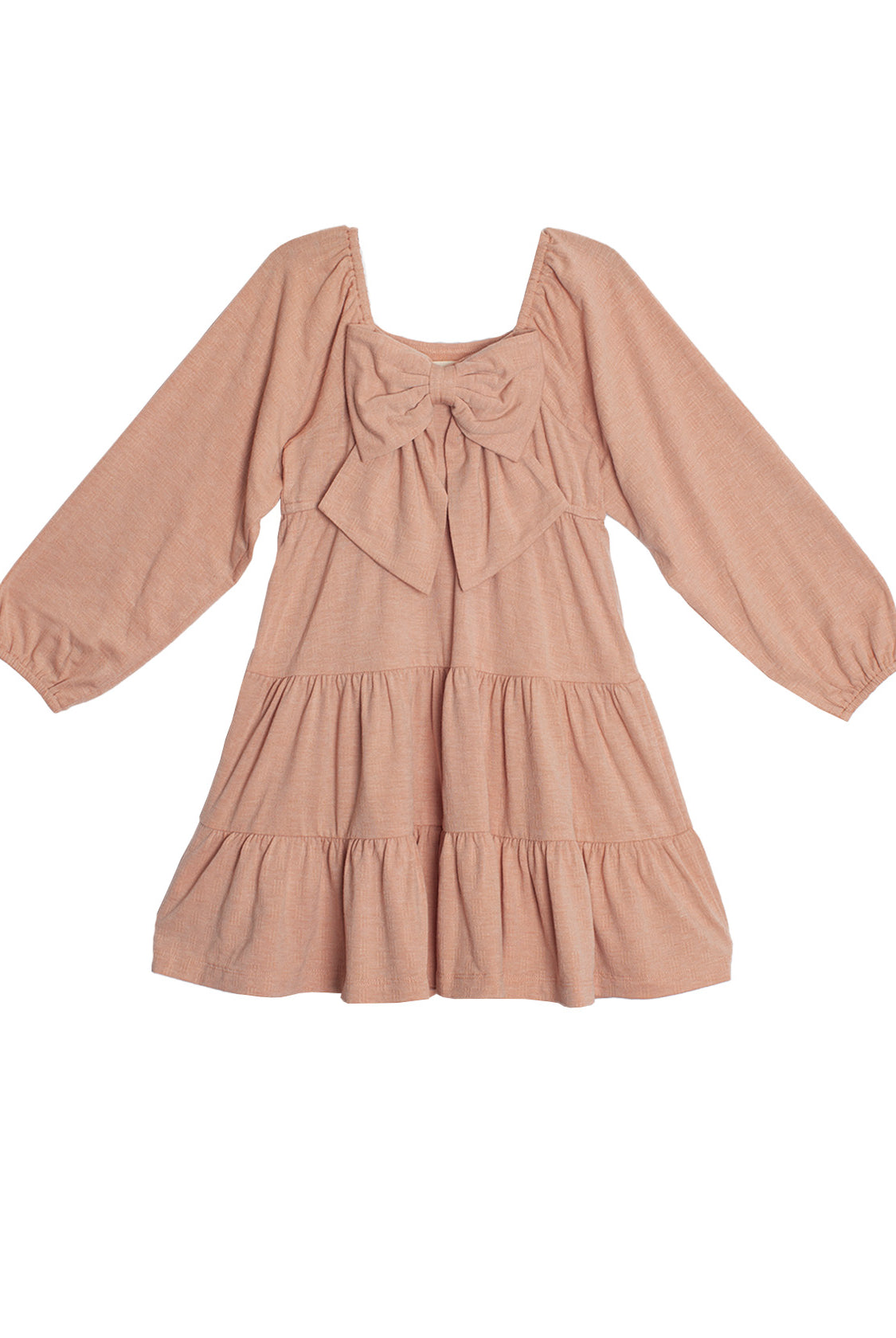 The Flower Mae Pink Dress by Mabel and Honey is a light pink, long sleeve, knee-length dress with a square neckline, ruffled tiers, and a bow detail on the bodice for a charming, feminine touch.