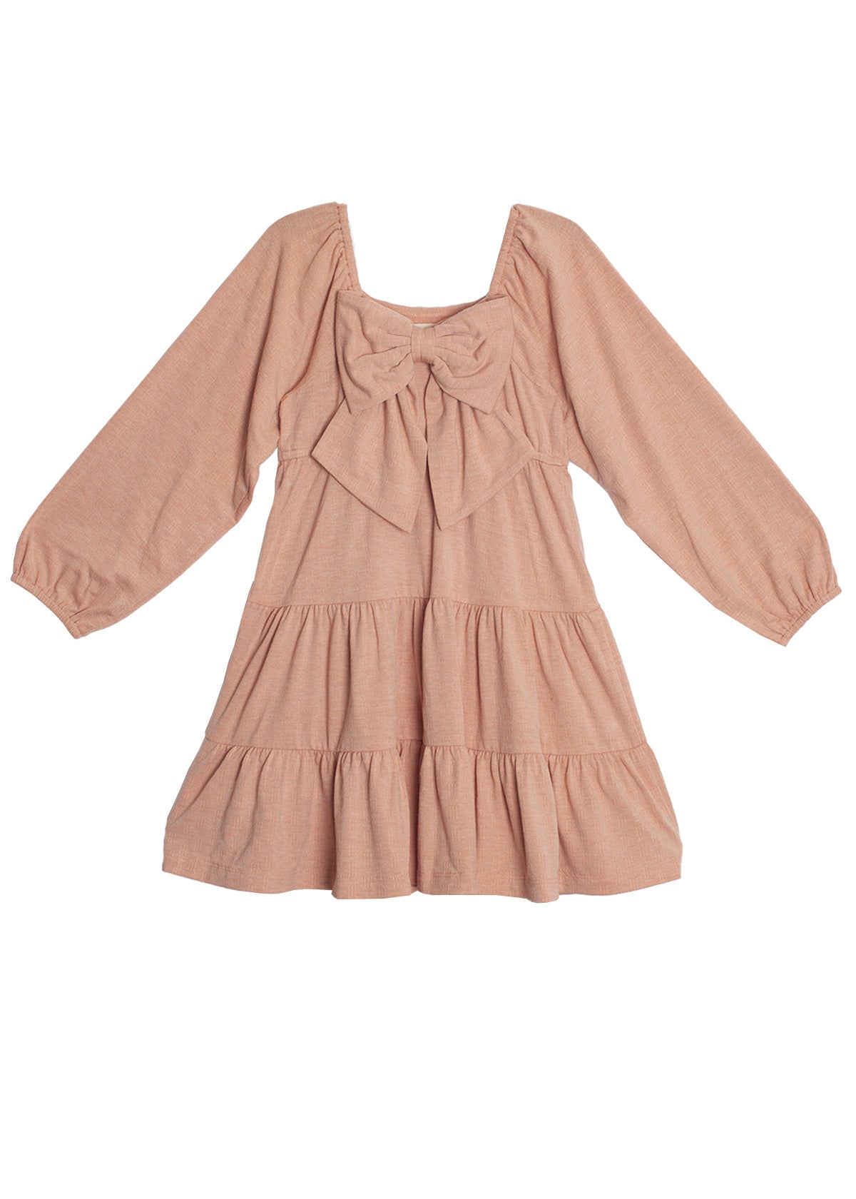 The Flower Mae Pink Dress by Mabel and Honey is a light pink, long sleeve, knee-length dress with a square neckline, ruffled tiers, and a bow detail on the bodice for a charming, feminine touch.