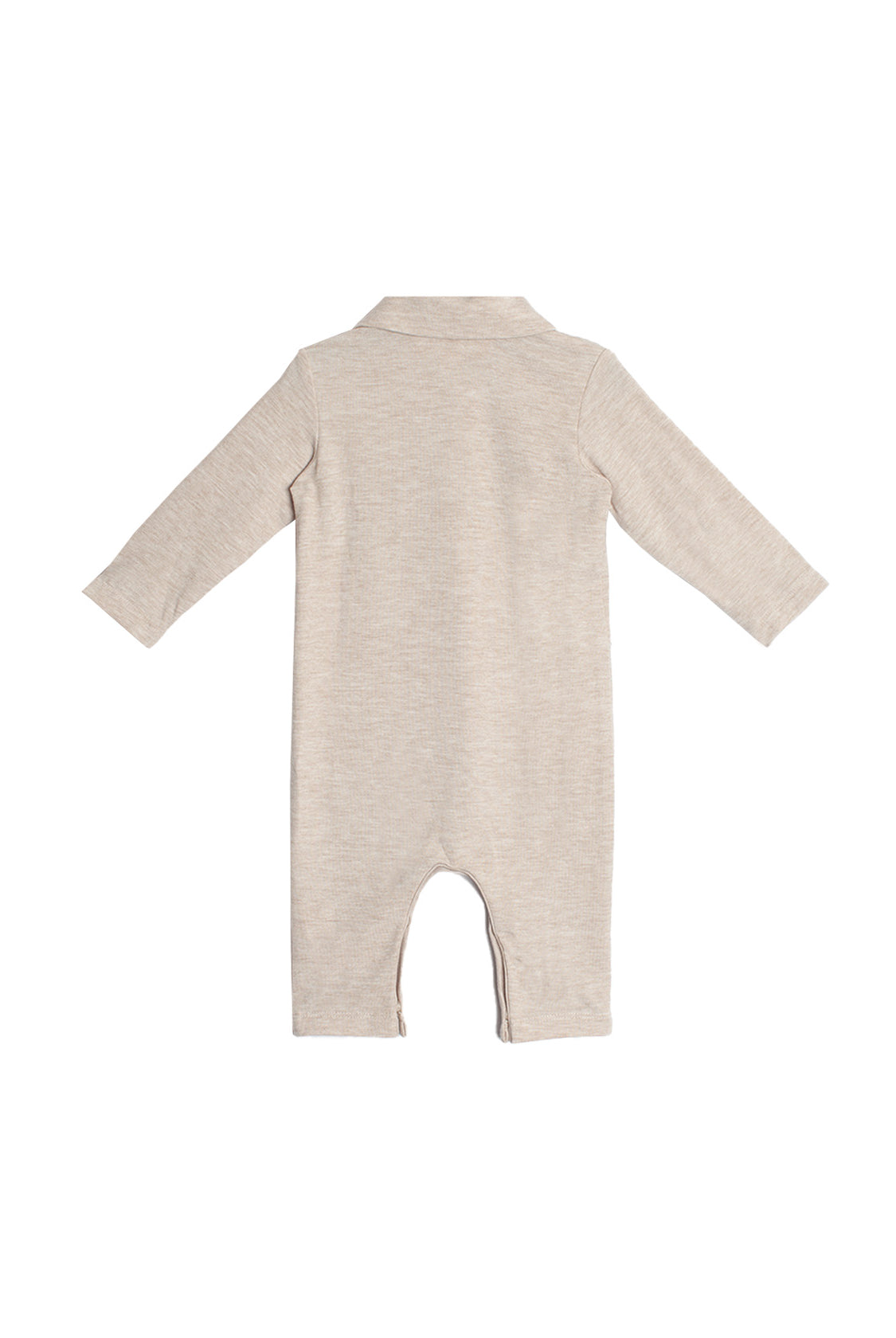 The Millie Brothers Romper by Beckett and Bear is a beige, long-sleeved romper with a collared neckline, shown from the back and laid flat on a white background.