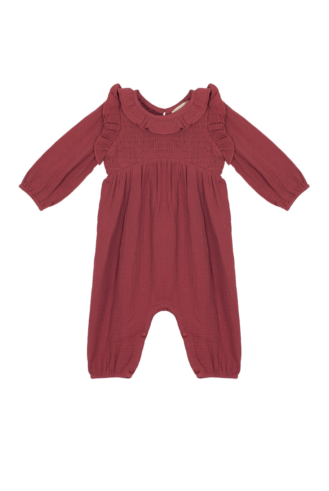 The Mabel and Honey Autumn Romper boasts long sleeves, maroon fabric, a ruffled collar, smocked front, elastic cuffs, and inseam snaps—making it perfect for cozy autumn style.