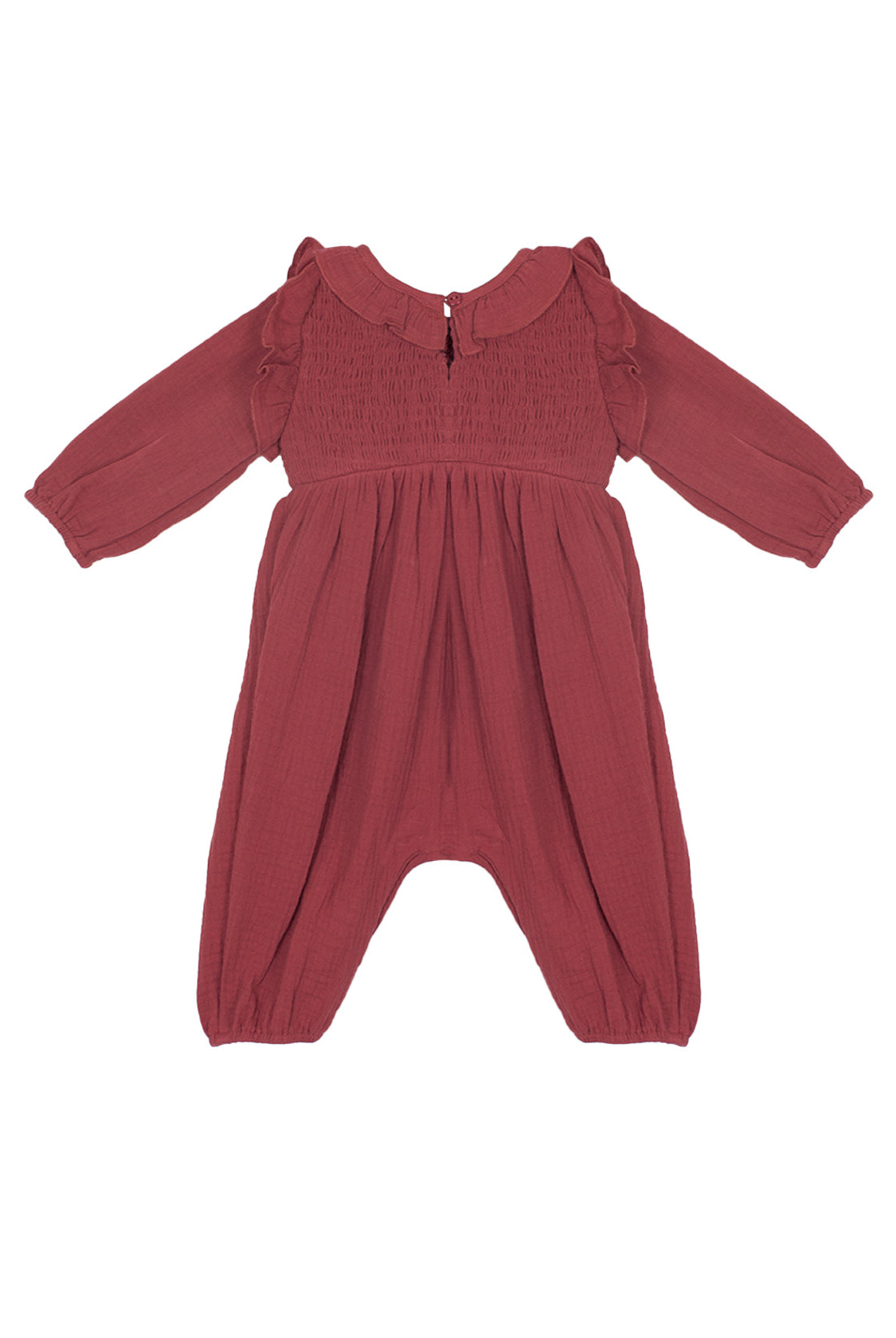 The Mabel and Honey Autumn Romper features a dusty rose color, ruffled collar, smocked front, and loose-fitting legs in soft, lightweight fabric—perfect for keeping infants or toddlers comfortable.