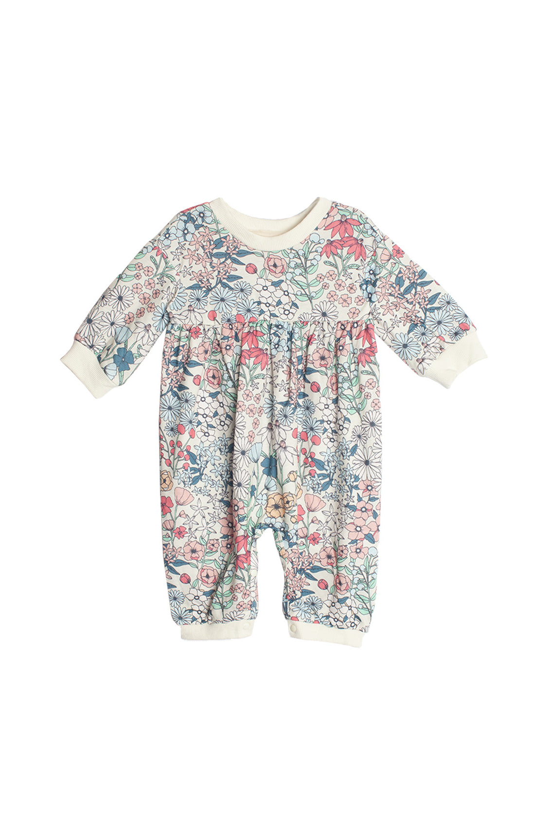 The Melody Romper by Mabel and Honey is a long-sleeve baby romper with a colorful floral pattern, cream collar and cuffs, shown on a white background.