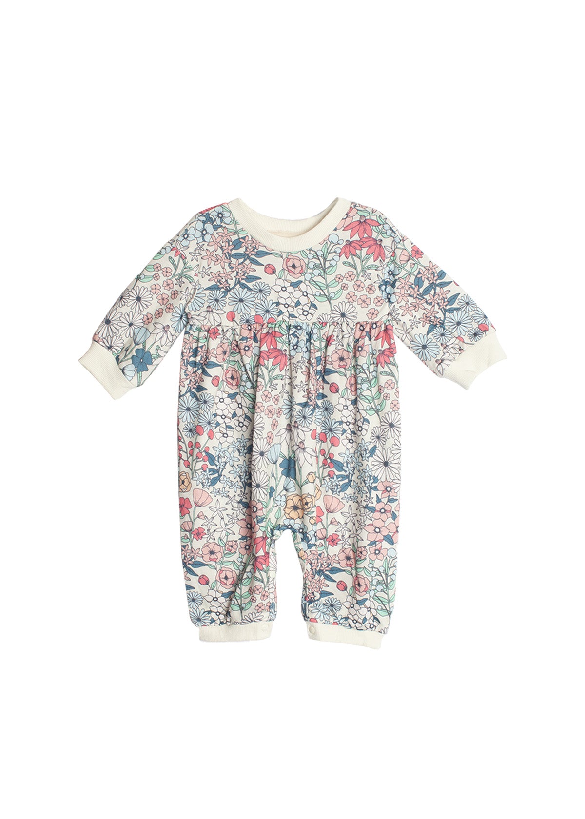 The Melody Romper by Mabel and Honey is a long-sleeve baby romper with a colorful floral pattern, cream collar and cuffs, shown on a white background.