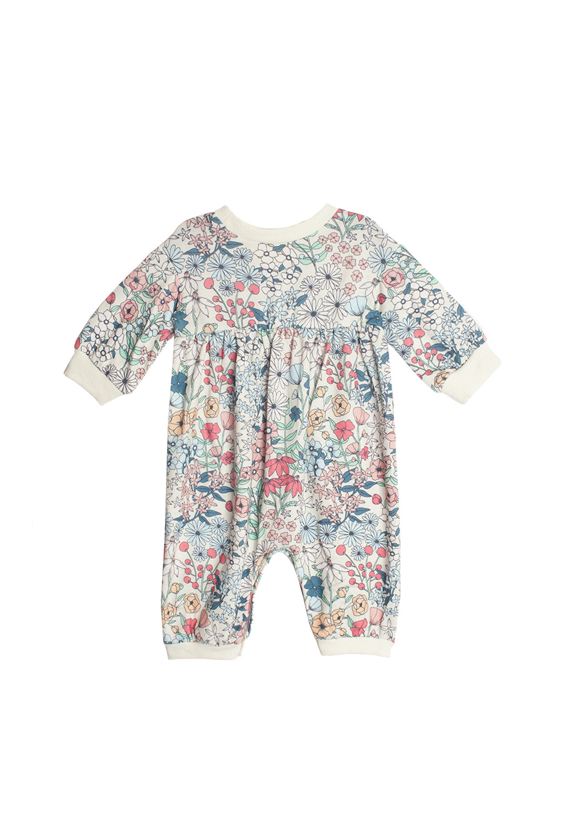 The Melody Romper by Mabel and Honey is a pastel long sleeve romper with pink, blue, and beige florals on white. It features comfy white cuffs at the sleeves, ankles, and neckline for a cozy finish.