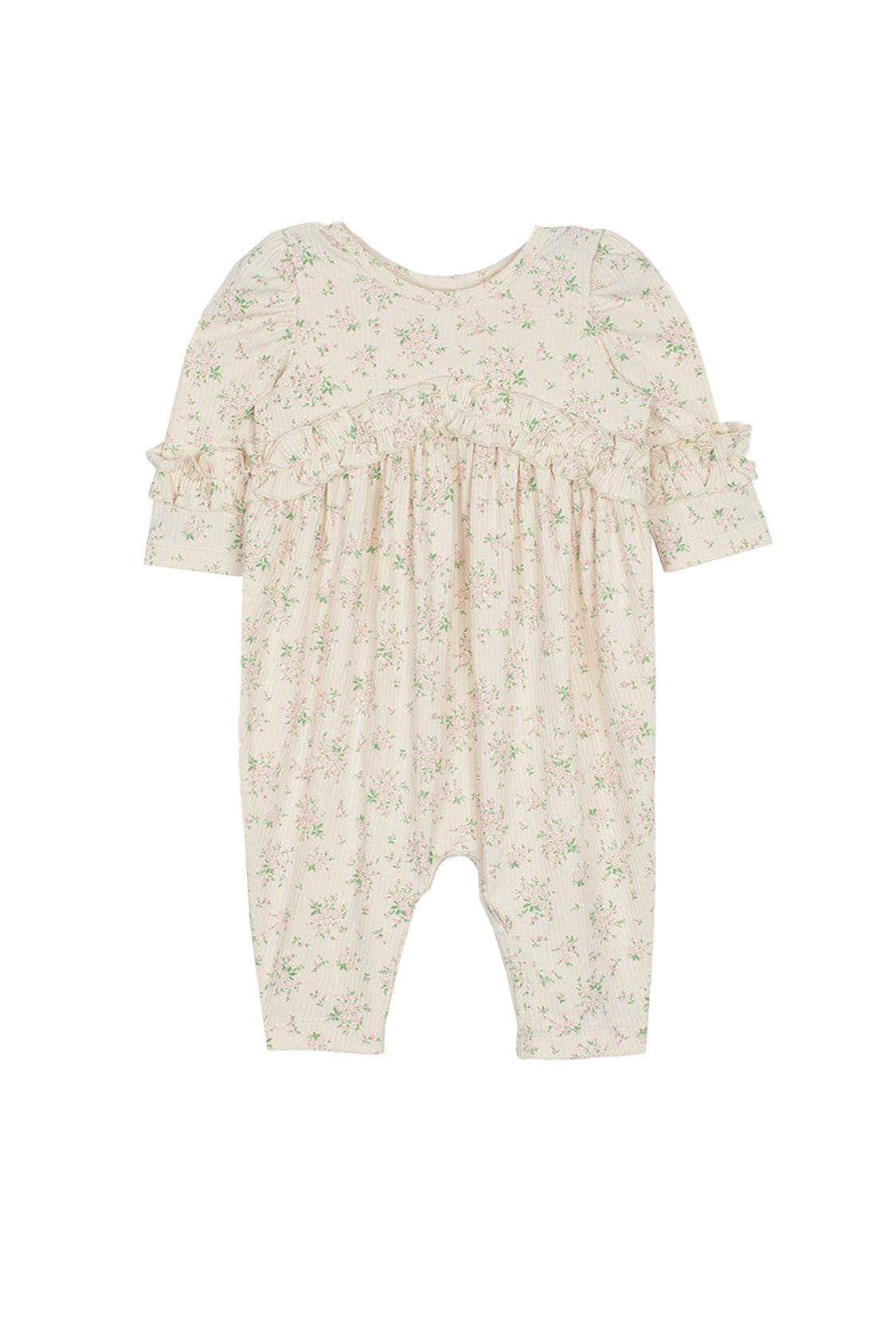 The Mabel and Honey Breakfast in Bed Romper is a cream-colored baby girls’ piece with a green floral print, ruffled sleeves, and gathered fabric for a soft, vintage-inspired look.