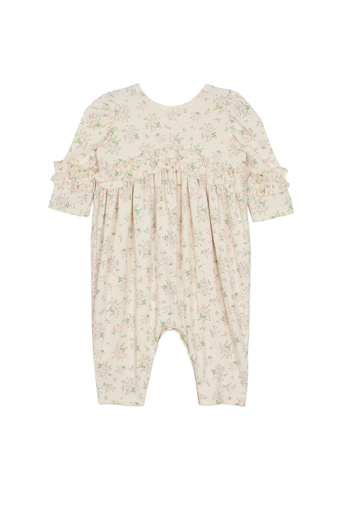 The Mabel and Honey “Breakfast in Bed Romper” is a cream-colored long-sleeve baby girls romper with ruffled sleeves, chest and cuff accents, and a delicate green floral pattern. Displayed flat on a white background.