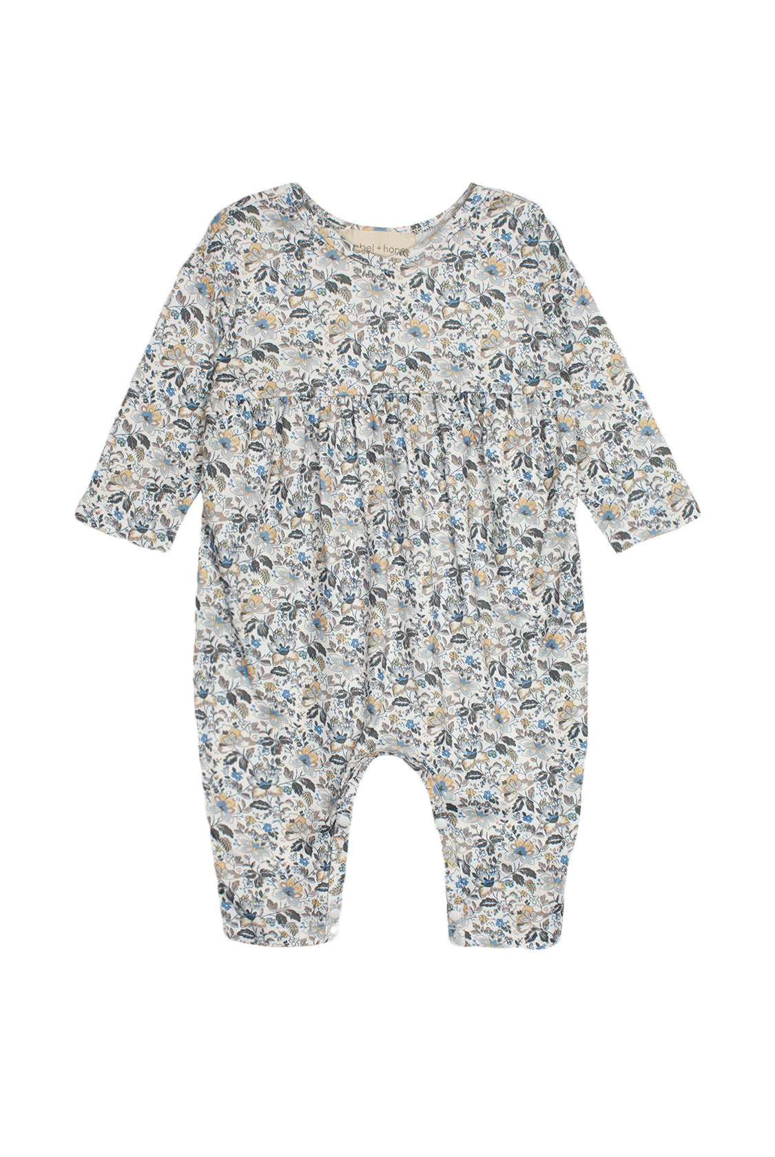 The Mabel and Honey Hazelnut Romper is a long-sleeved baby girl romper with a gathered waist and a blue, beige, and gray floral print, shown flat on a white background.