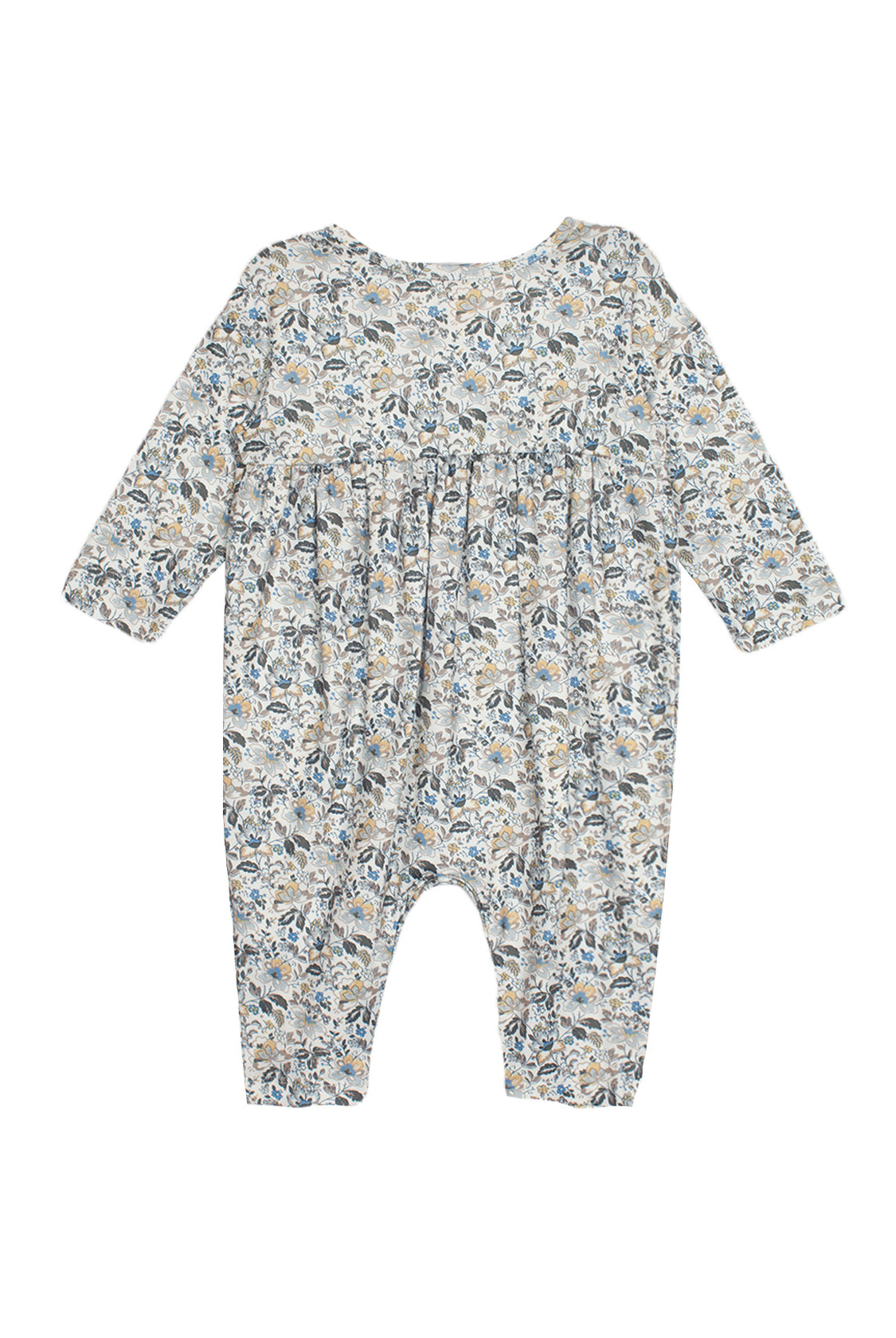 The Hazelnut Romper by Mabel and Honey is a long sleeve baby girl outfit with blue, beige, and green florals on white, gathered chest fabric, and closed feet.