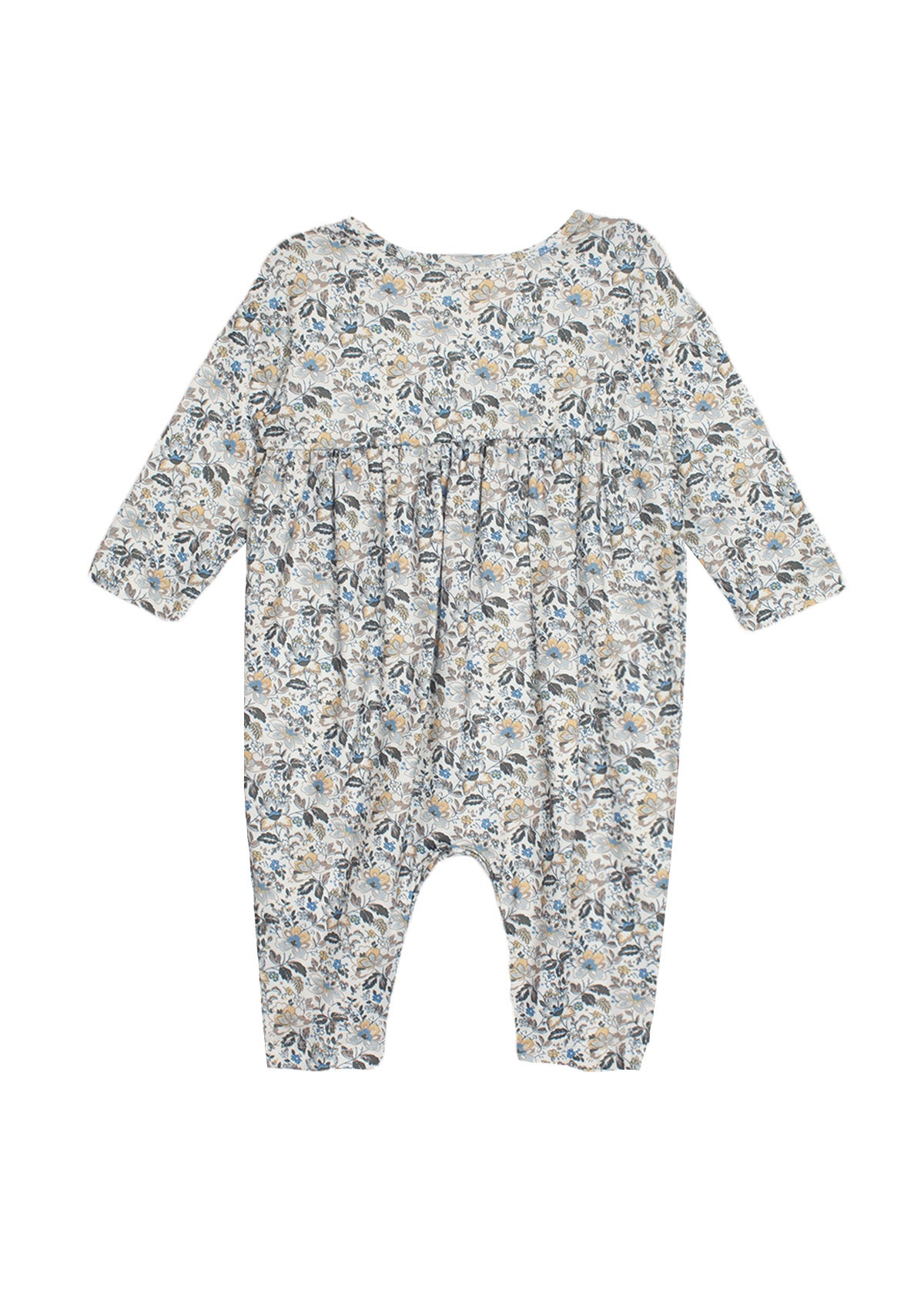 The Hazelnut Romper by Mabel and Honey is a long sleeve baby girl outfit with blue, beige, and green florals on white, gathered chest fabric, and closed feet.