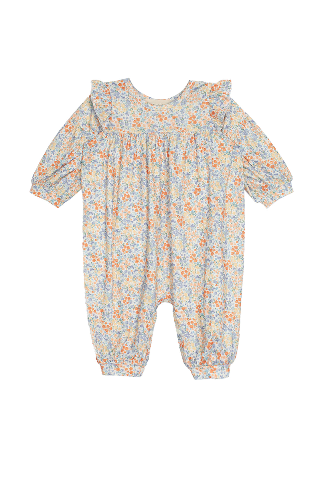 The Darling Orchard Romper by Mabel and Honey is a long-sleeve cotton baby romper with a ruffled collar and cuffs, showcasing a blue, orange, and yellow floral print on white.