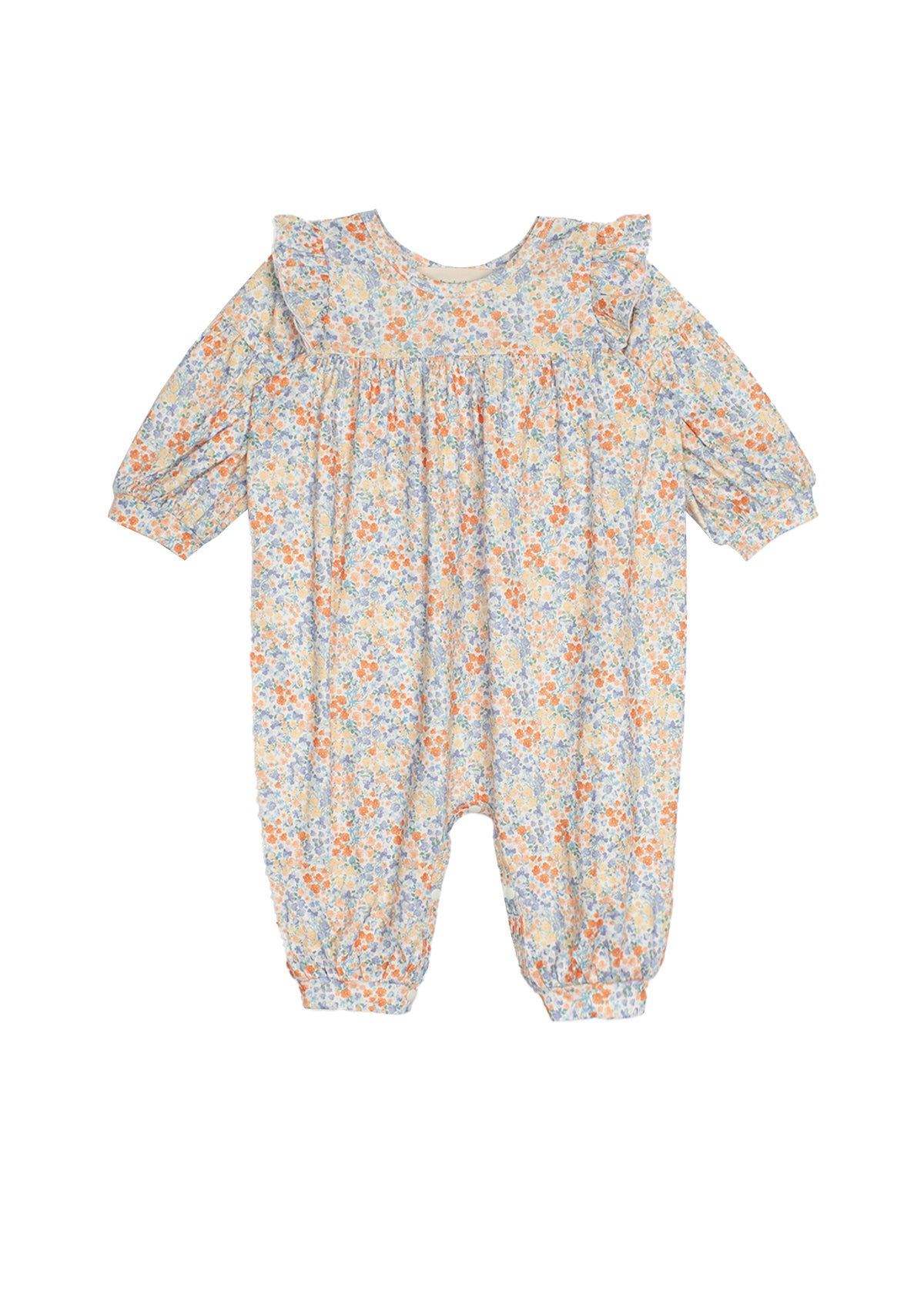 The Darling Orchard Romper by Mabel and Honey is a long-sleeve cotton baby romper with a ruffled collar and cuffs, showcasing a blue, orange, and yellow floral print on white.