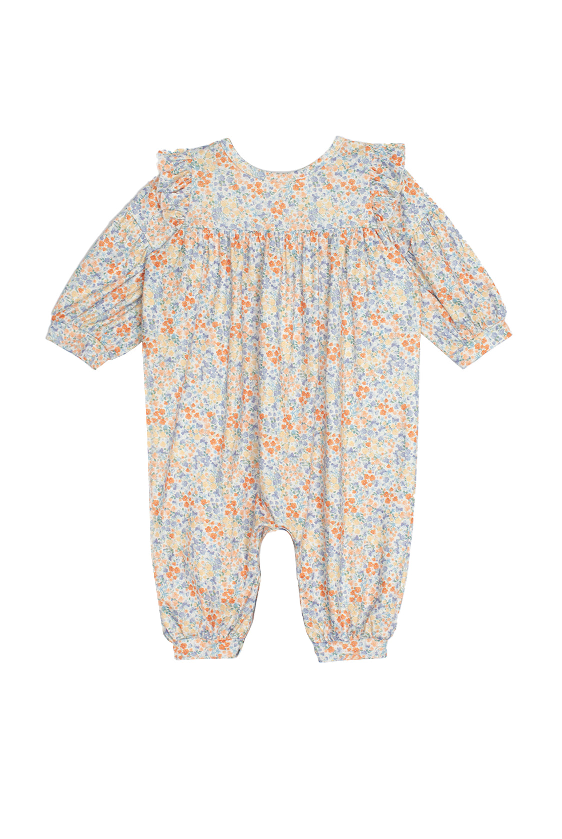 The Darling Orchard Romper by Mabel and Honey is a soft cotton, long-sleeved floral romper with ruffled shoulders and a pastel orange, blue, and yellow print on a light background—perfect for comfy, charming style for your baby.