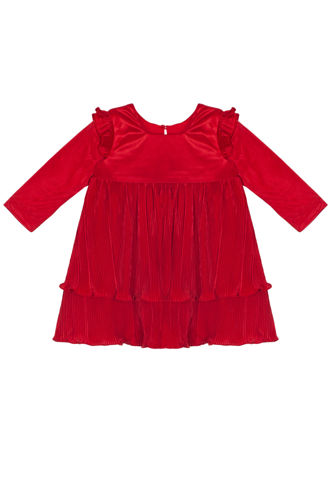 The Isobella and Chloe Merry 'n Bright Red Velvet Dress is a long-sleeved, knee-length holiday dress for kids, featuring ruffled shoulders, a pleated skirt, and a round neckline with a button closure at the back.