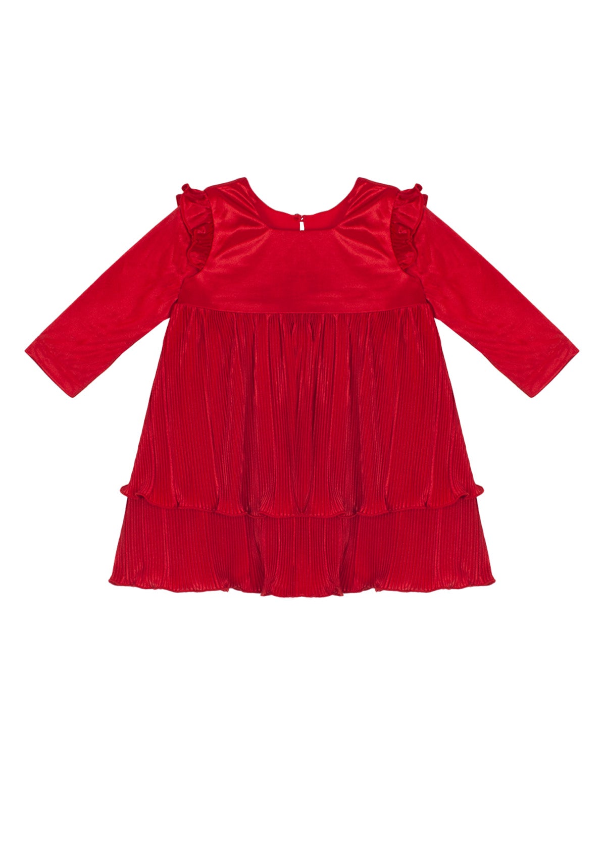 The Isobella and Chloe Merry 'n Bright Red Velvet Dress is a long-sleeved, knee-length holiday dress for kids, featuring ruffled shoulders, a pleated skirt, and a round neckline with a button closure at the back.