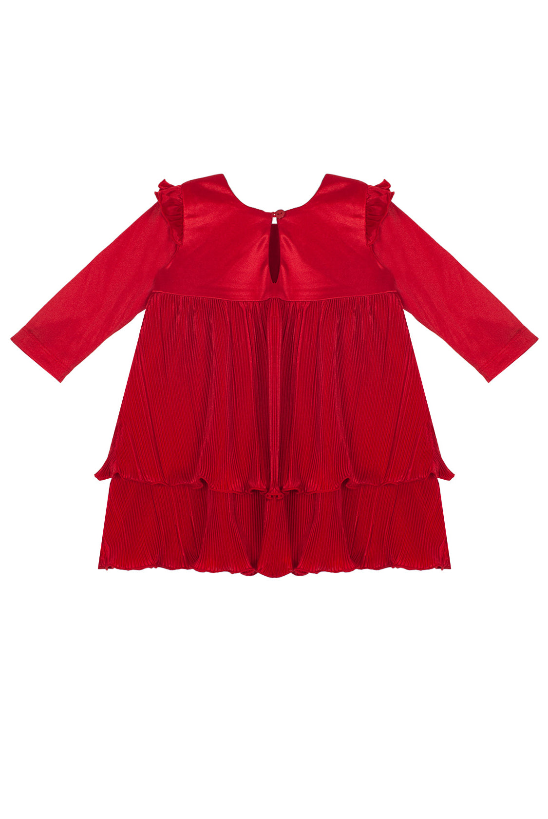 The Isobella and Chloe Merry 'n Bright Red Velvet Dress is a long-sleeved, knee-length girls’ dress with ruffled shoulders, a pleated tiered skirt, and back button closure—ideal for festive occasions.