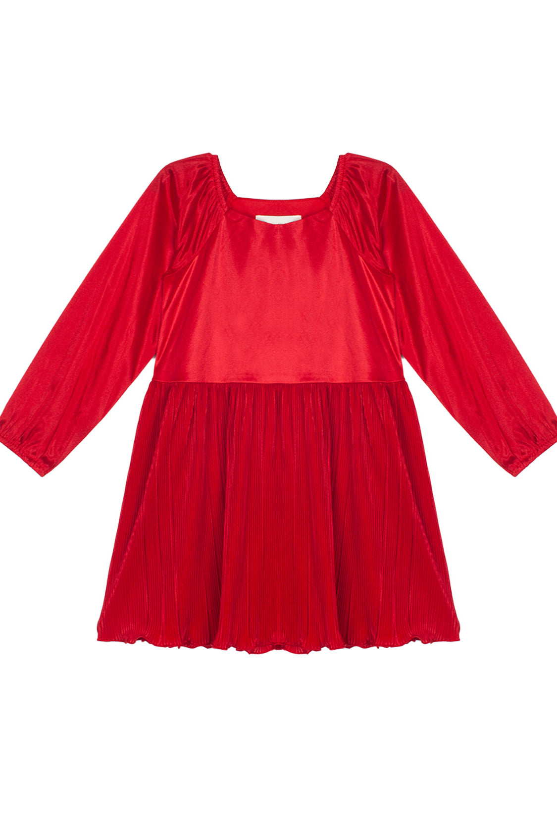 The Isobella and Chloe Merry n Bright Velvet Dress is a children’s long-sleeve red dress with a square neckline, natural waist, and pleated skirt, crafted from a shiny velvet-like fabric.