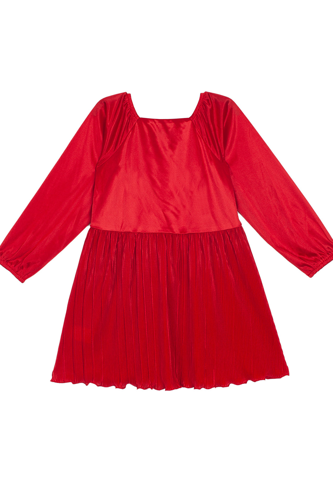 The Merry n Bright Velvet Dress by Isobella and Chloe features a bright red hue, long sleeves, natural waist, square neckline, and pleated skirt in shiny velvet—an elegant choice for holiday gatherings.