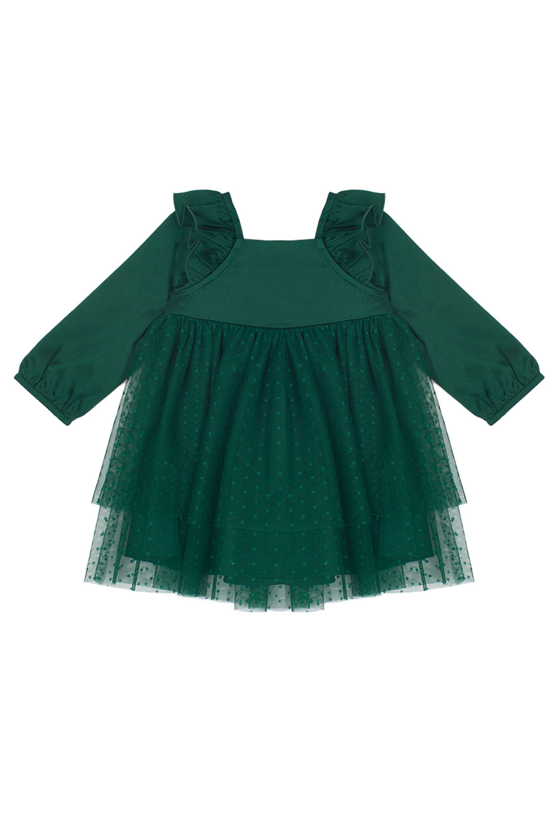 The Isobella and Chloe Mistletoe Emerald Dress features long sleeves, ruffled shoulders, a square neckline, elastic cuffs, and a layered tulle skirt with small polka dots—ideal for holiday celebrations.