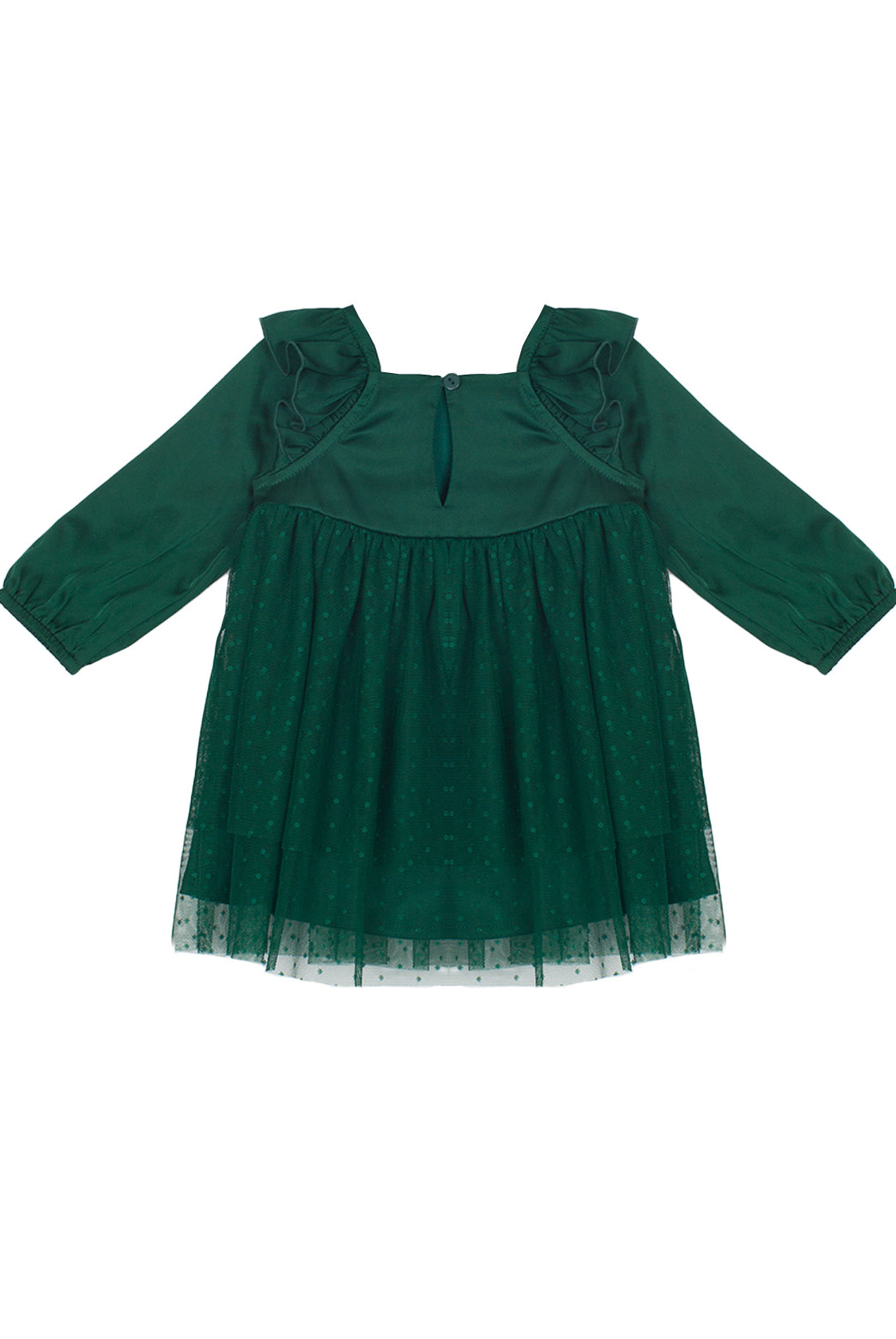 The Mistletoe Emerald Dress by Isobella and Chloe features long sleeves, ruffled shoulders, a buttoned keyhole neckline, and a layered tulle skirt—perfect for holiday celebrations.