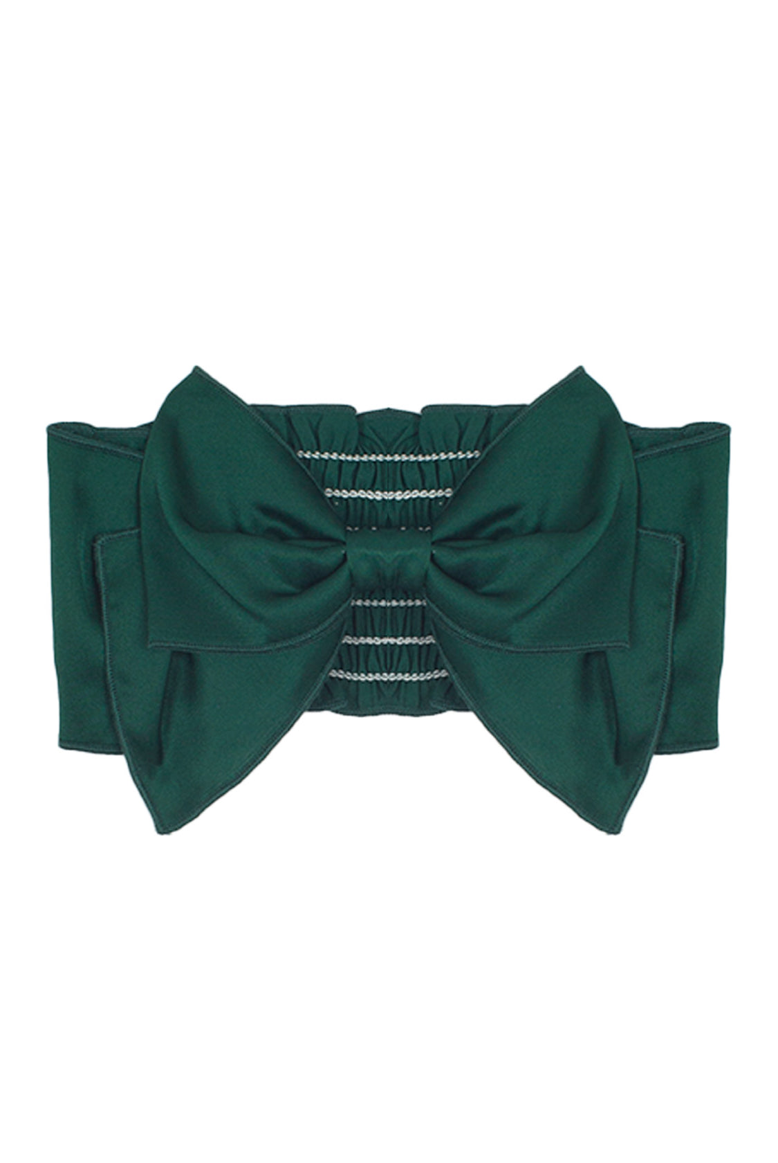 The Mabel and Honey Mistletoe Hair Accessory features a wide emerald green band with a large satin bow in the center and decorative horizontal light stitching for a festive touch.