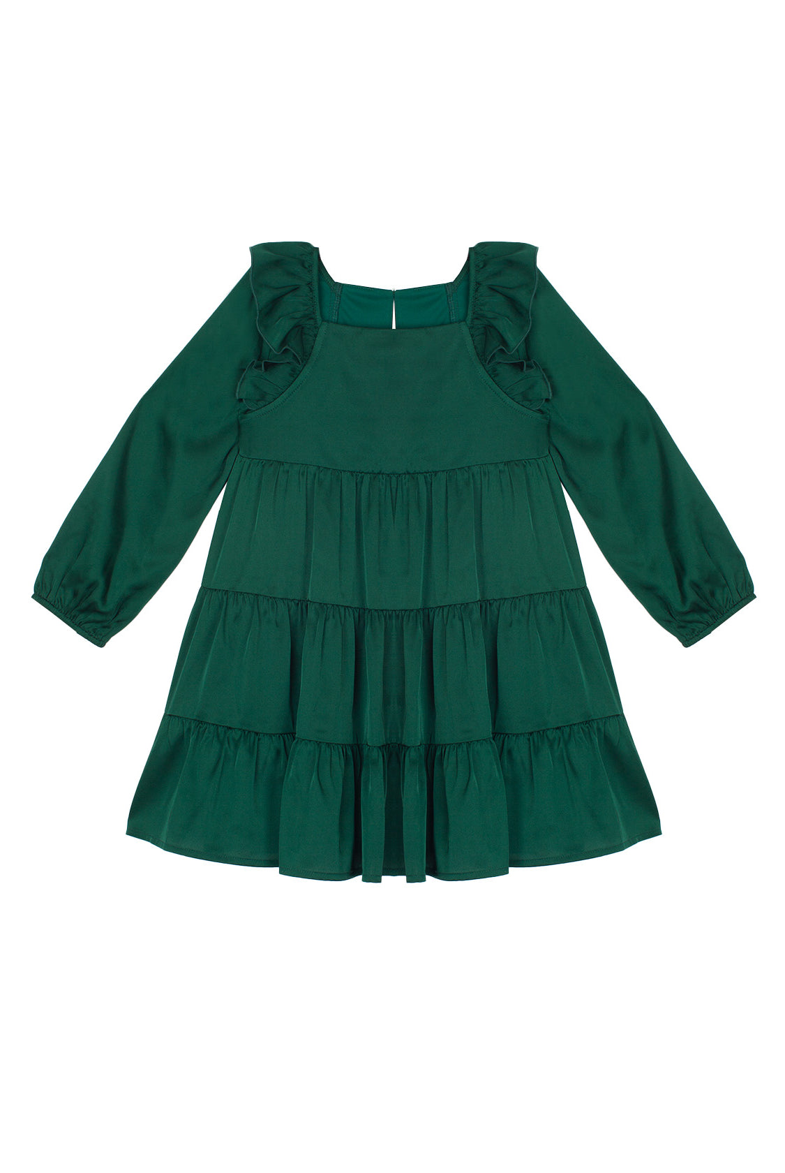 The Isobella and Chloe Mistletoe Emerald Green Tiered Dress is a long-sleeved children’s dress with ruffled shoulders, gathered skirt, round neckline, and keyhole back closure—perfect for holiday parties.