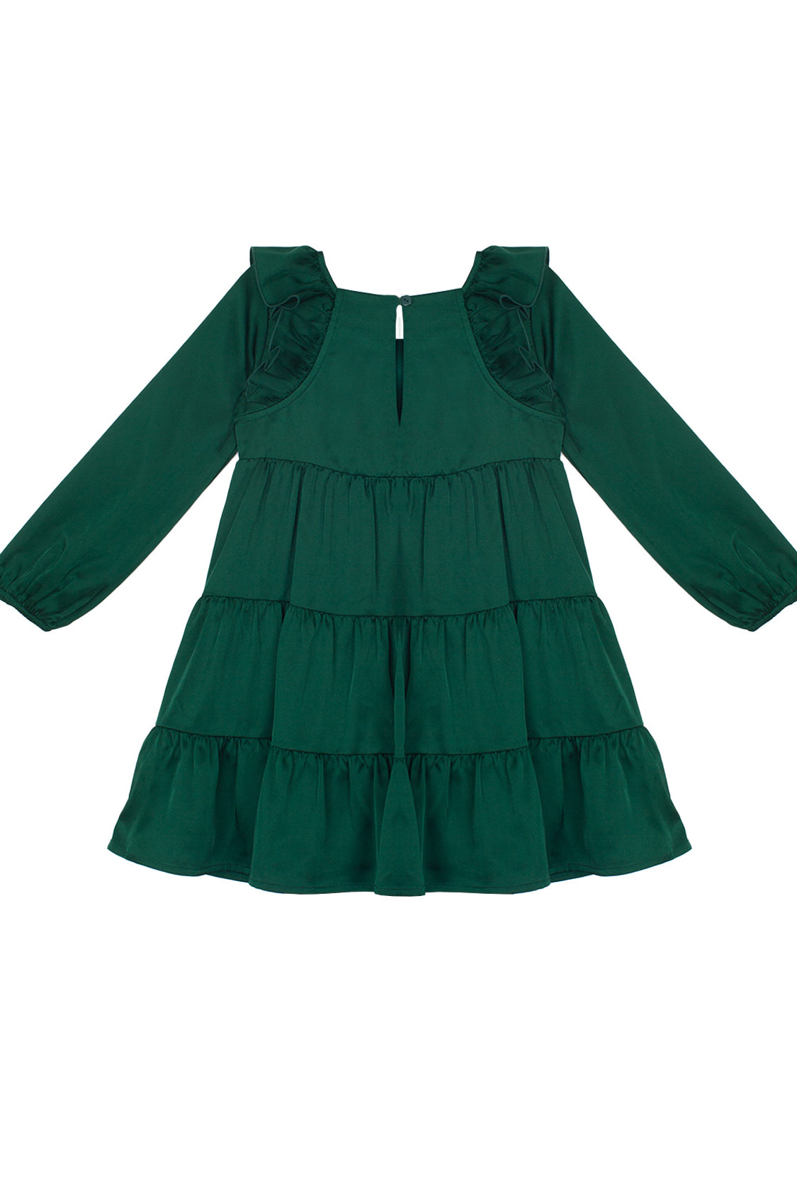The Isobella and Chloe Mistletoe Emerald Green Tiered Dress is a long-sleeve, knee-length dress with ruffled tiers, keyhole button back, round neckline, and gathered shoulders—ideal for your next holiday party.