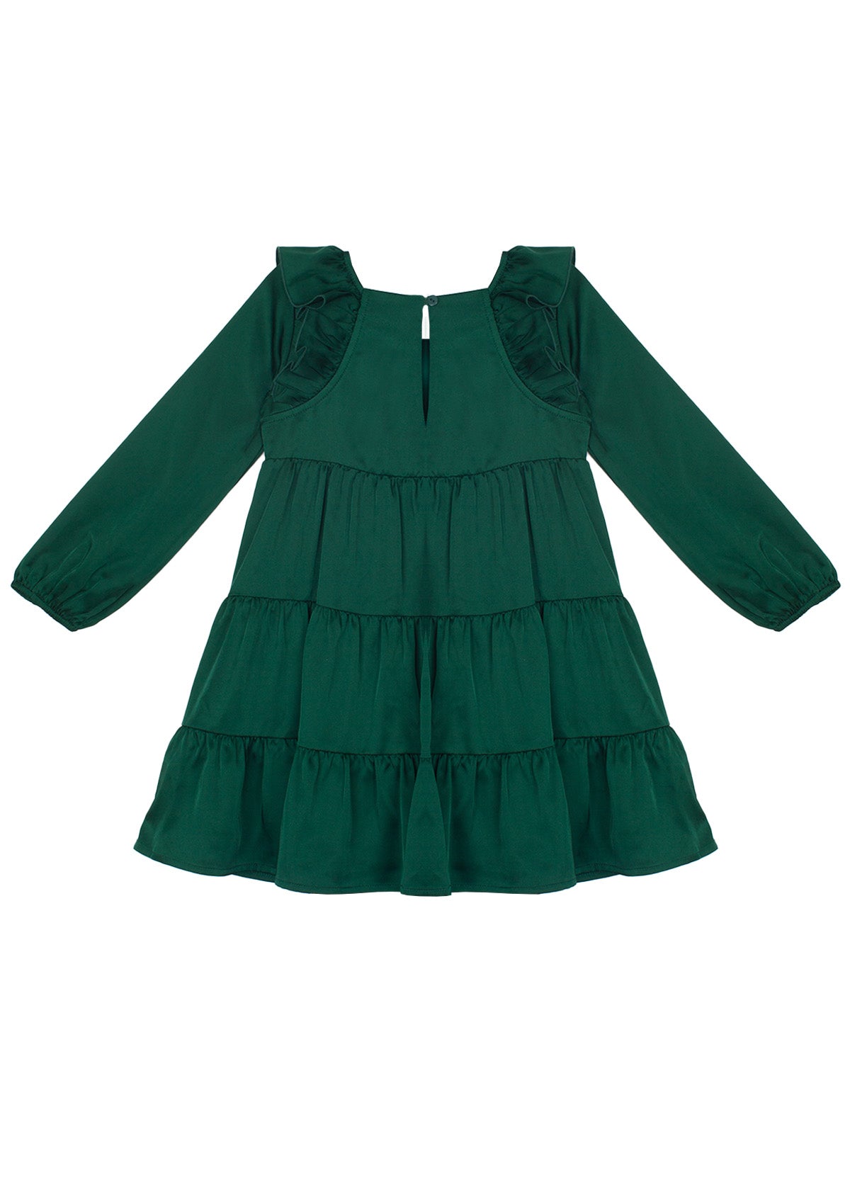The Isobella and Chloe Mistletoe Emerald Green Tiered Dress is a long-sleeve, knee-length dress with ruffled tiers, keyhole button back, round neckline, and gathered shoulders—ideal for your next holiday party.