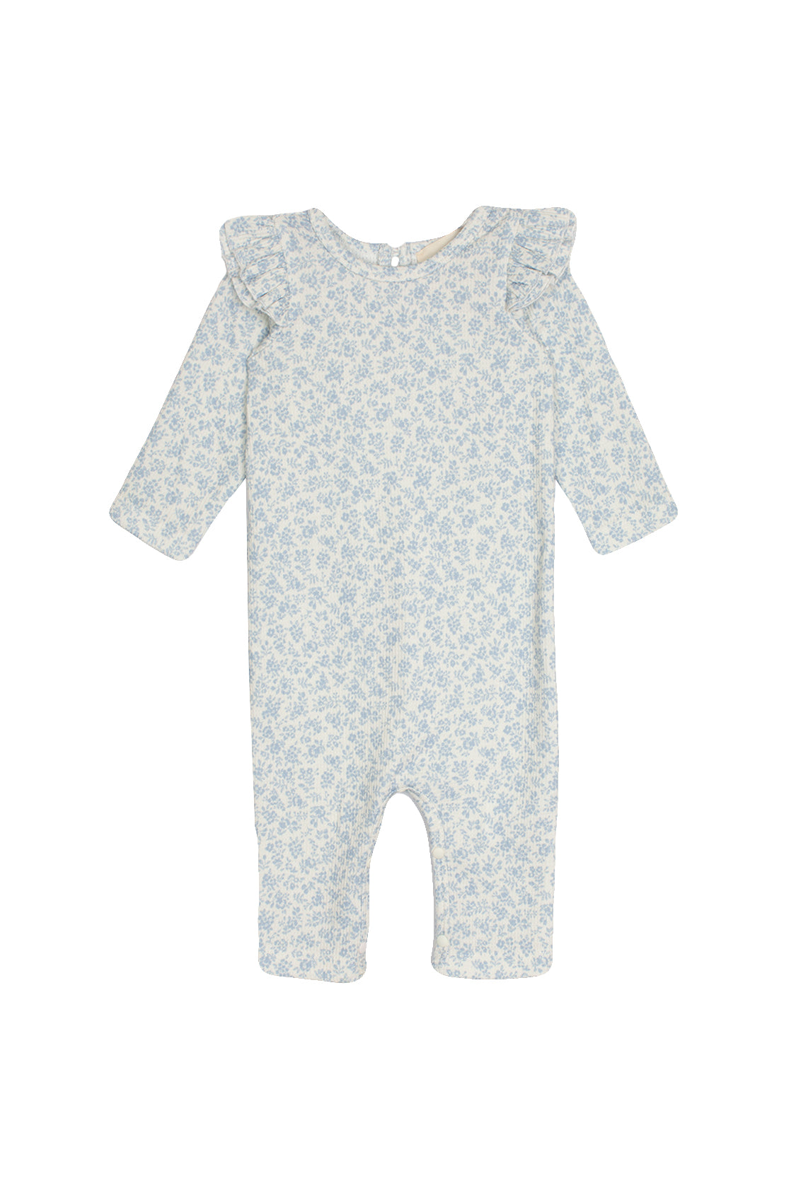 The Hannah Romper by Mabel and Honey is a light blue cotton baby romper with a small floral print and ruffled shoulders, shown on a white background—ideal for both comfort and style.