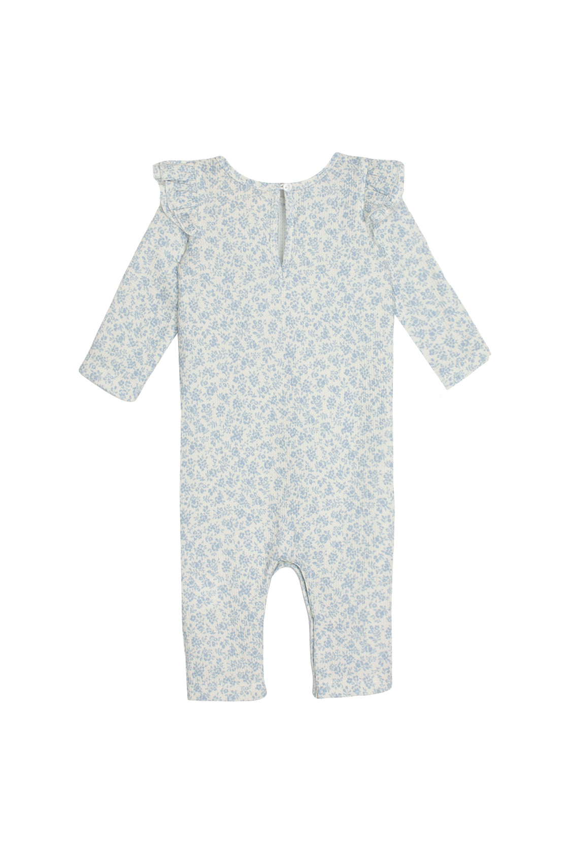 The Hannah Romper by Mabel and Honey is a long-sleeved cotton baby romper featuring a light blue floral print, ruffled shoulders, a round neckline, and a back button closure for easy dressing.