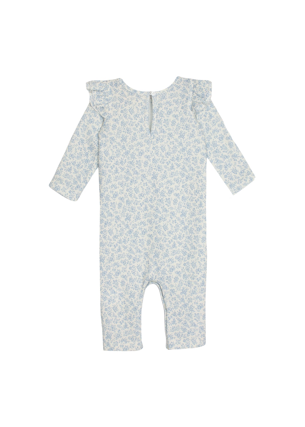 The Hannah Romper by Mabel and Honey is a long-sleeved cotton baby romper featuring a light blue floral print, ruffled shoulders, a round neckline, and a back button closure for easy dressing.