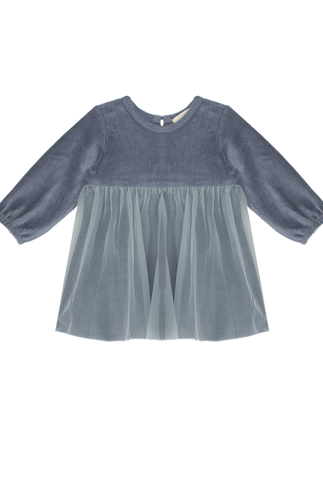 The Mabel and Honey Skylar Blue Suede Dress features long sleeves, a suede bodice, and a sheer, flowy tulle skirt in soft slate blue.