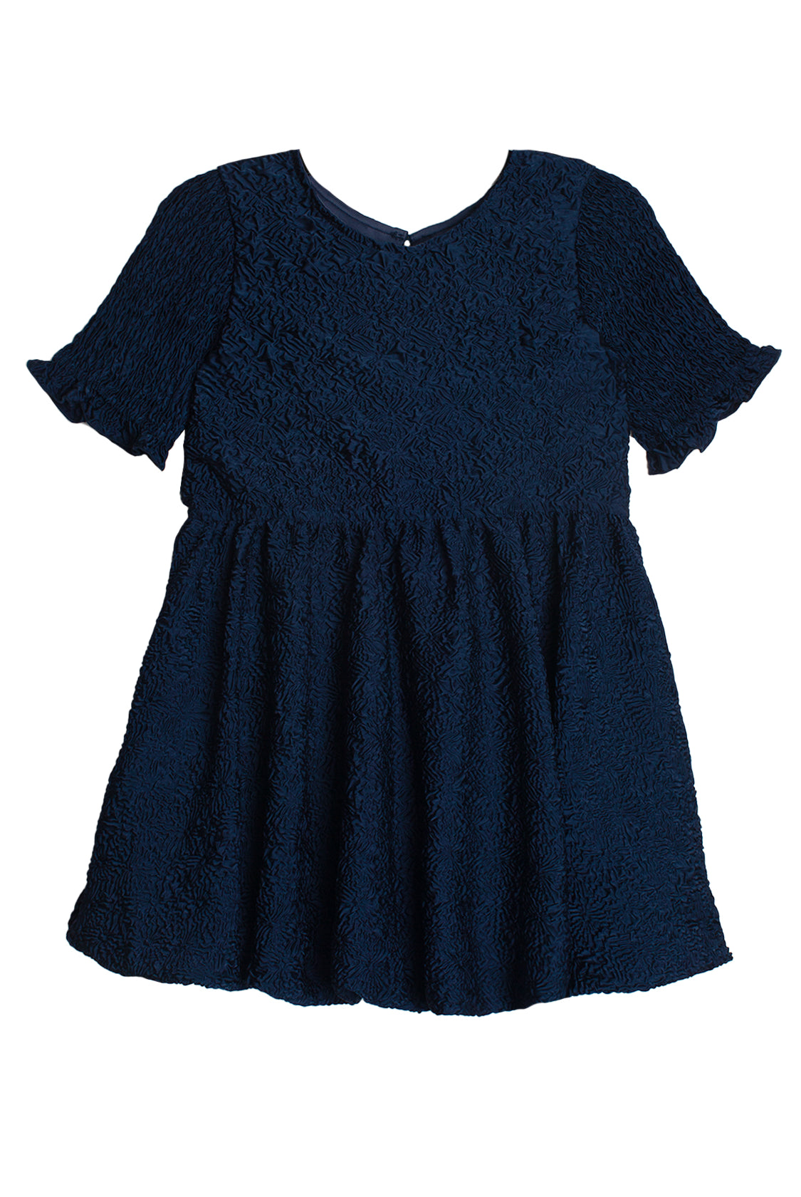 The Isobella and Chloe Nightingale Navy Dress is a short-sleeved girl's dress with a round neckline, flared skirt, and textured floral-like fabric—ideal for special occasions.