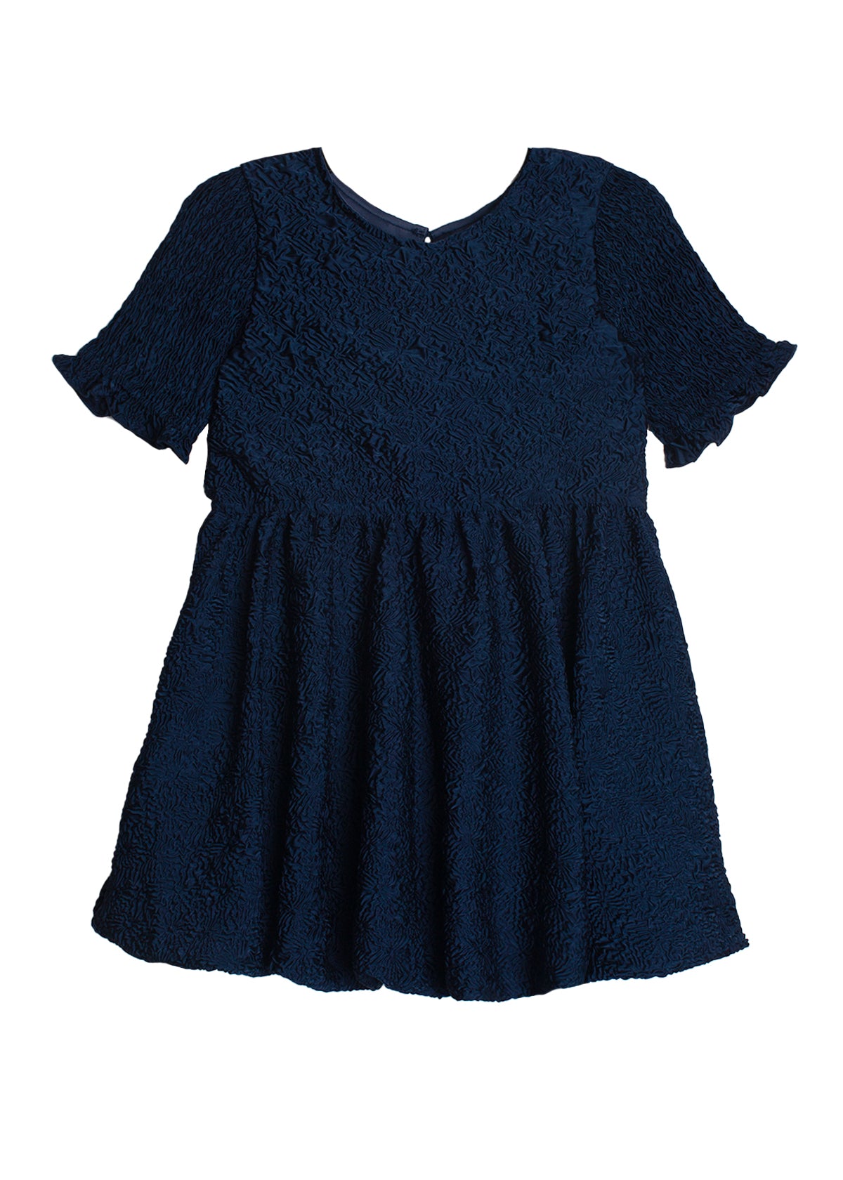 The Isobella and Chloe Nightingale Navy Dress is a short-sleeved girl's dress with a round neckline, flared skirt, and textured floral-like fabric—ideal for special occasions.