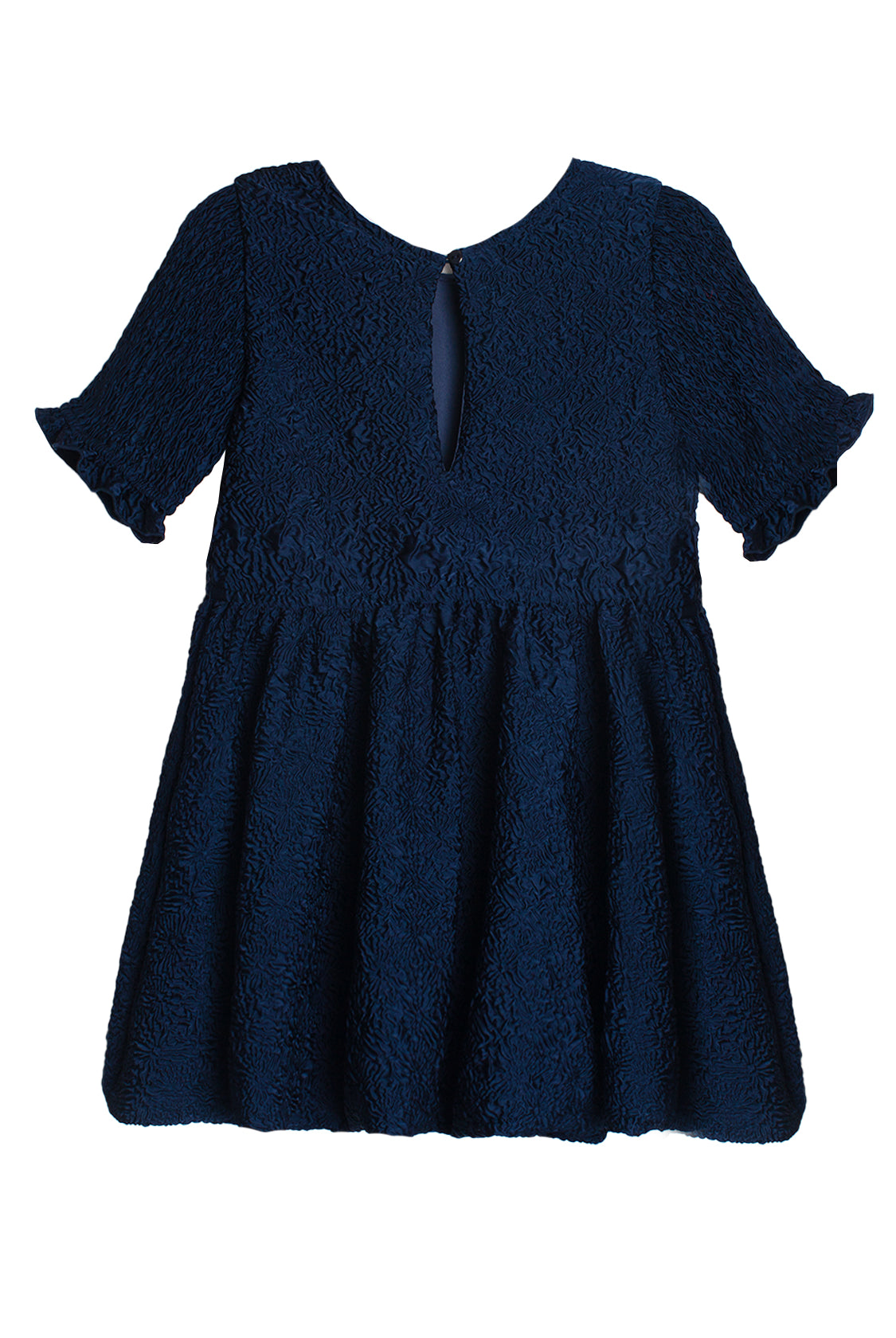 The Nightingale Navy Dress by Isobella and Chloe features textured fabric, ruffled sleeves, a round neckline, keyhole back button closure, and a gathered waist for a flared skirt—ideal for special occasions.