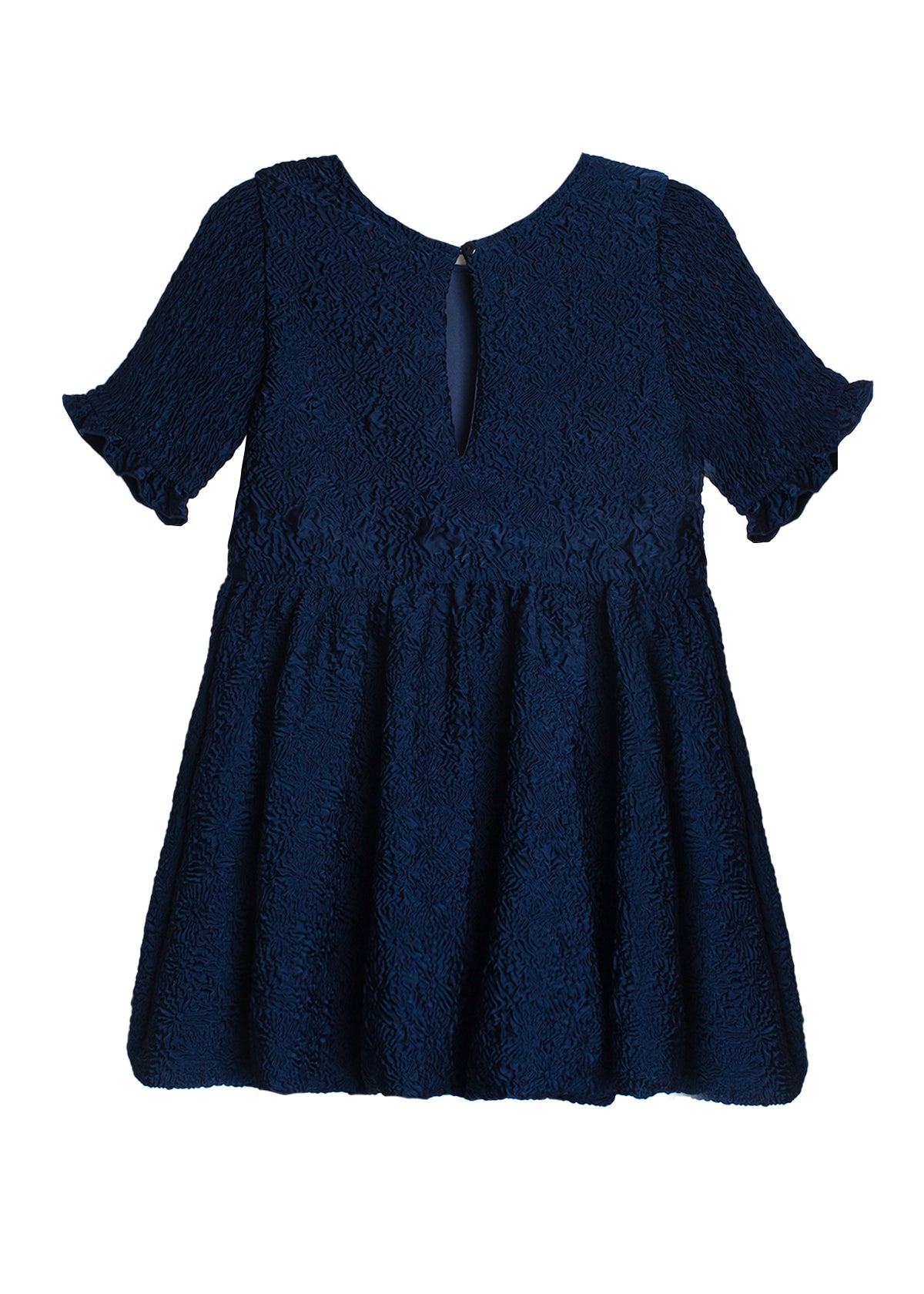 The Nightingale Navy Dress by Isobella and Chloe features textured fabric, ruffled sleeves, a round neckline, keyhole back button closure, and a gathered waist for a flared skirt—ideal for special occasions.
