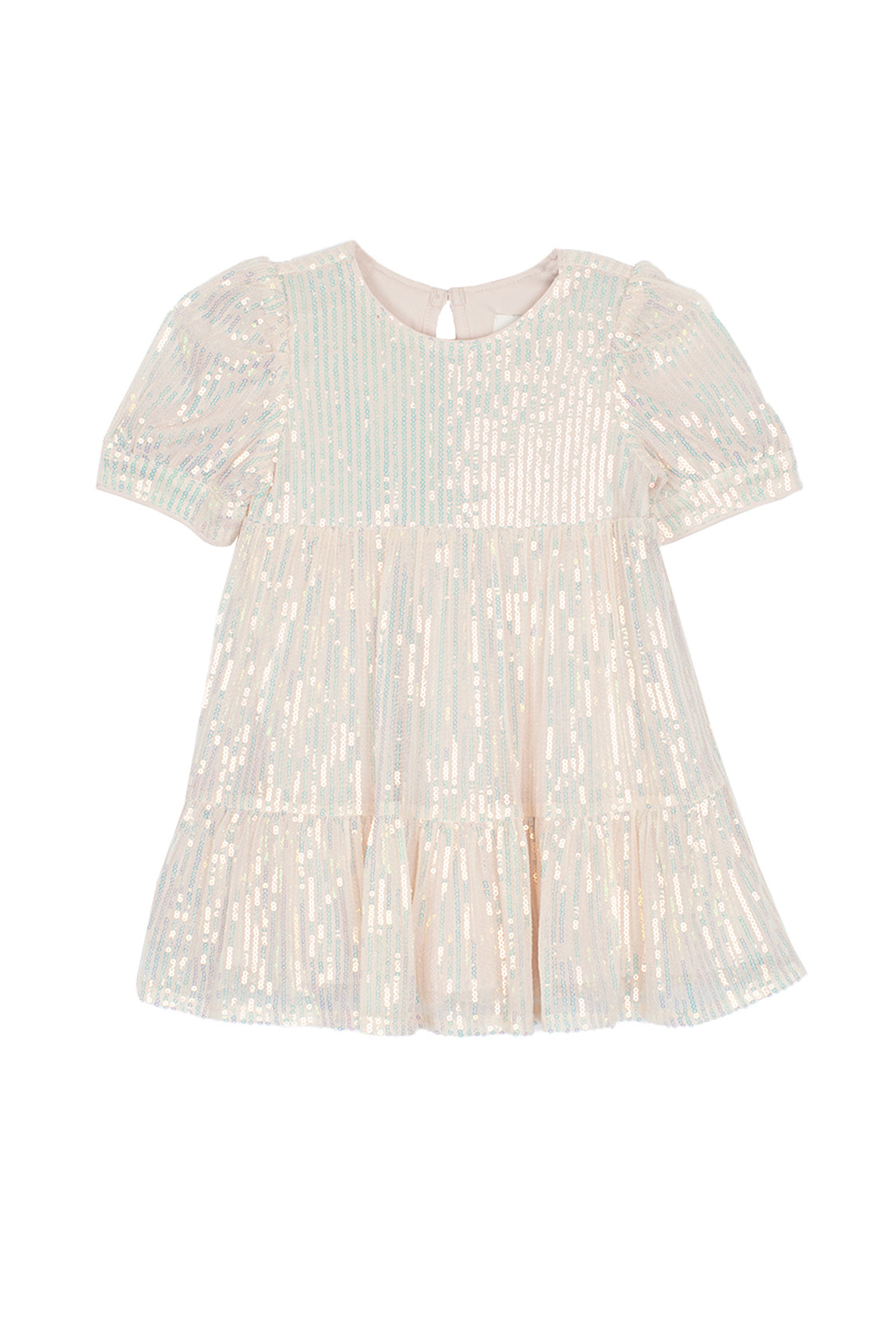 The Isobella and Chloe Taylor Sequined Toddler Dress is a light pink, short-sleeved girl's dress with shimmering iridescent sequins, a tiered skirt, and a round neckline with back button—ideal for special occasions.