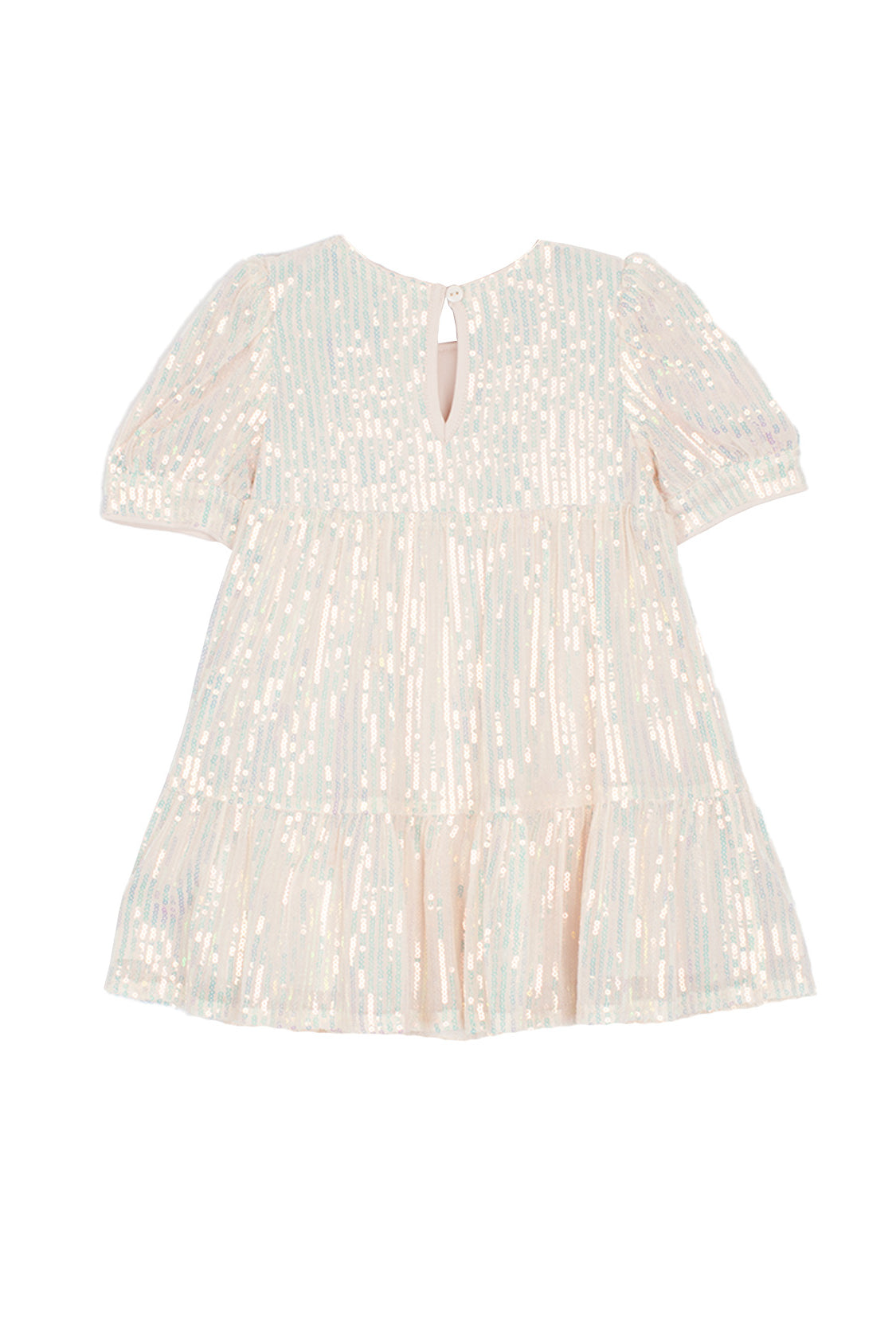 The Taylor Sequined Toddler Dress by Isobella and Chloe is a light pink, short-sleeved dress with a tiered skirt, shiny sequin accents, and a back keyhole closure—ideal for special occasions.