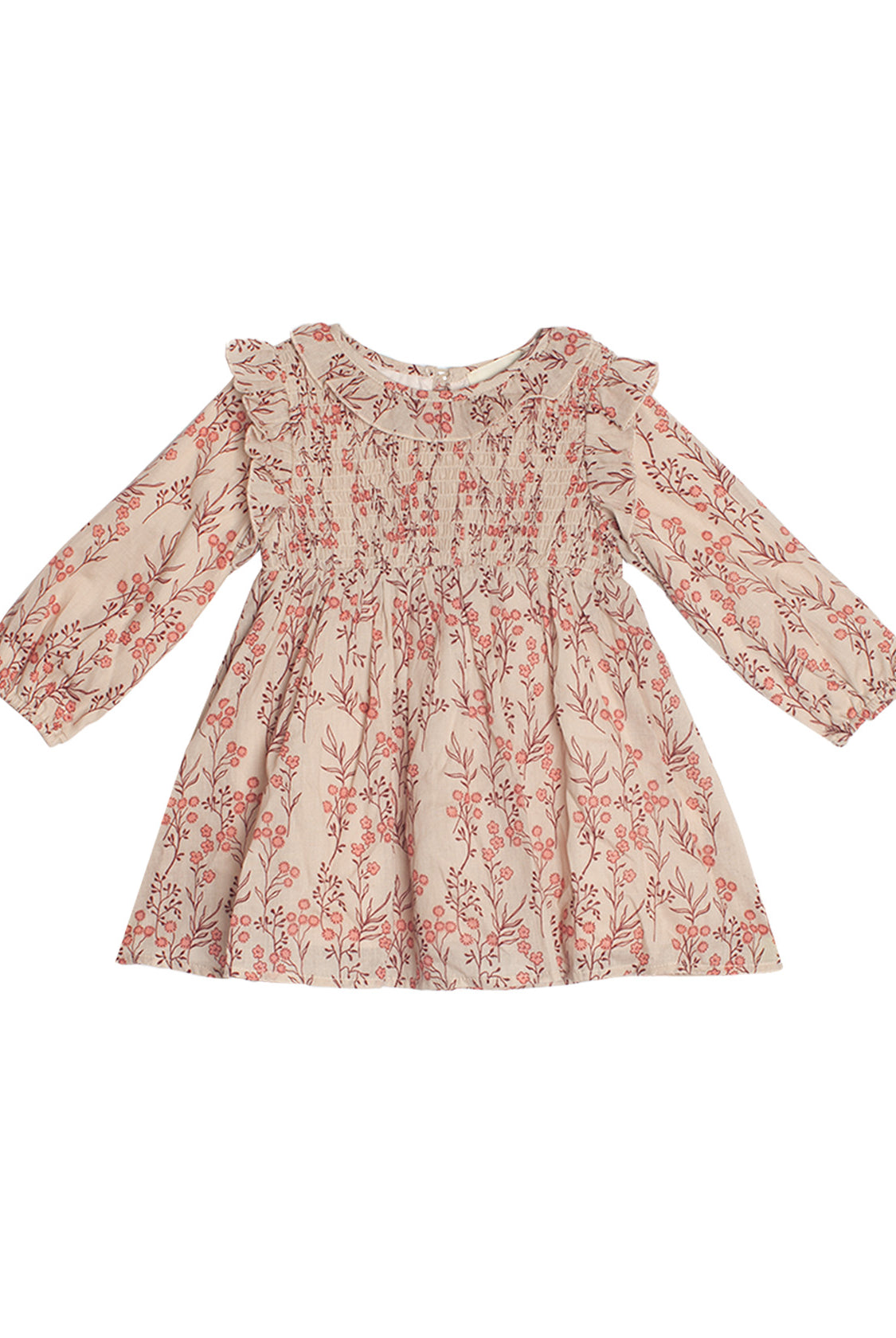 The Mabel and Honey Autumn Floral Dress Long Sleeve features a light pink base with pink and red floral patterns, smocked front bodice, and charming ruffled shoulders—perfect for your child.