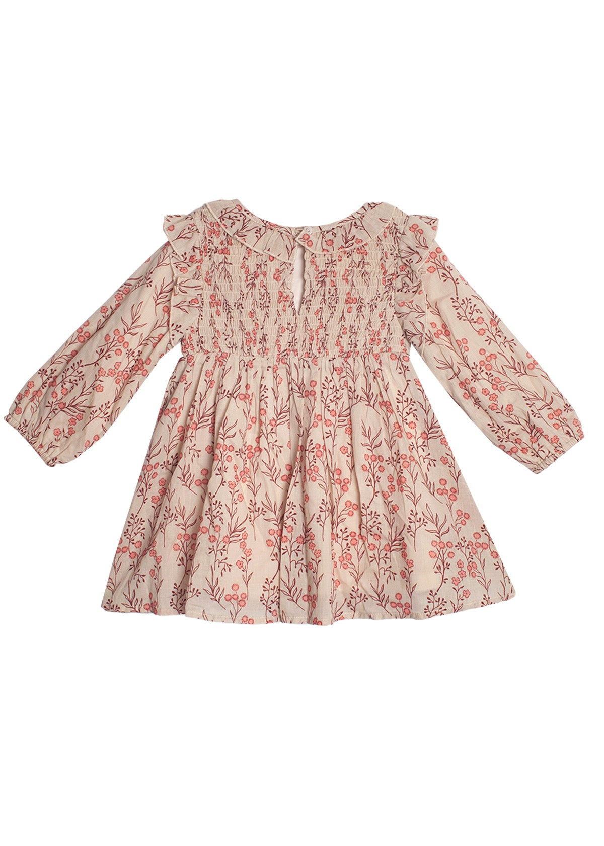 The Mabel and Honey Autumn Floral Dress Long Sleeve features a light pink floral pattern with red accents, ruffled collar and shoulders, smocked front bodice, and a flared skirt—perfect for kids.
