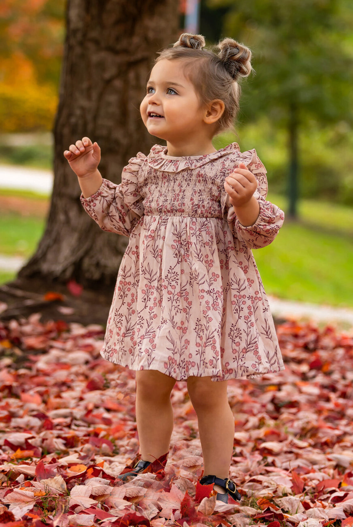 A smiling toddler wears the Mabel and Honey Autumn Floral Dress Long Sleeve, standing on red autumn leaves near a tree, with green grass and blurred trees in the background.