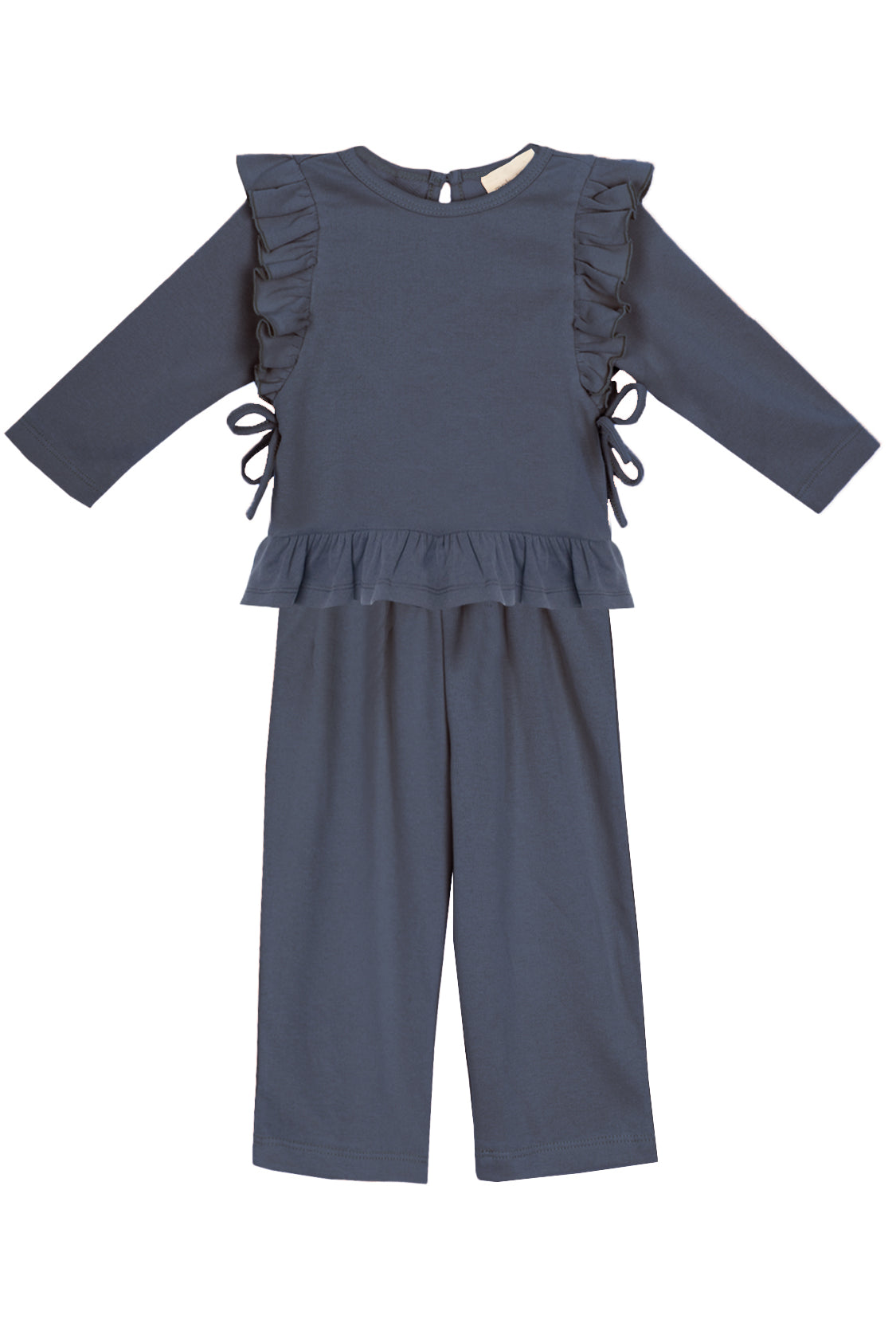 The Robyn Two Piece Set by Mabel and Honey features a navy peplum top with ruffled sides and hem, paired with matching wide-leg pants in a soft cotton blend, shown against a white background.