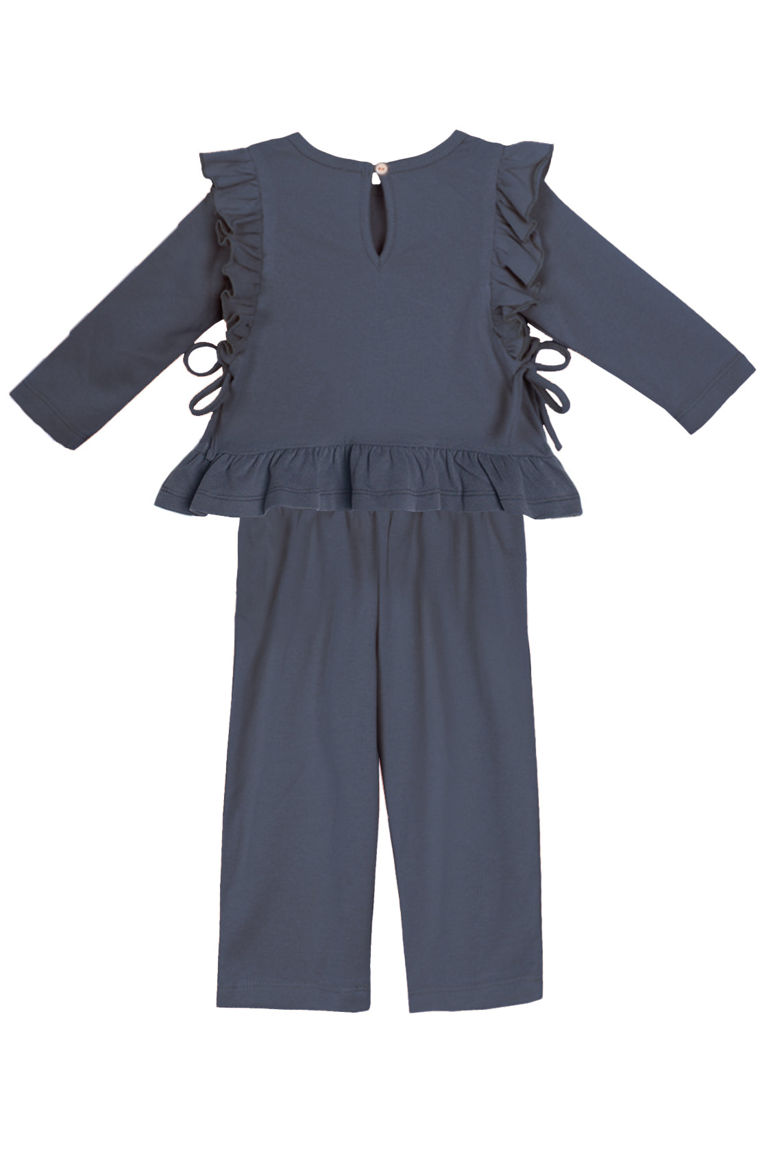 The Robyn Two Piece Set by Mabel and Honey features a dark blue cotton-blend, long-sleeve peplum top with ruffled shoulders, side ties, and back button, plus matching straight-leg pants—a charming outfit for children.