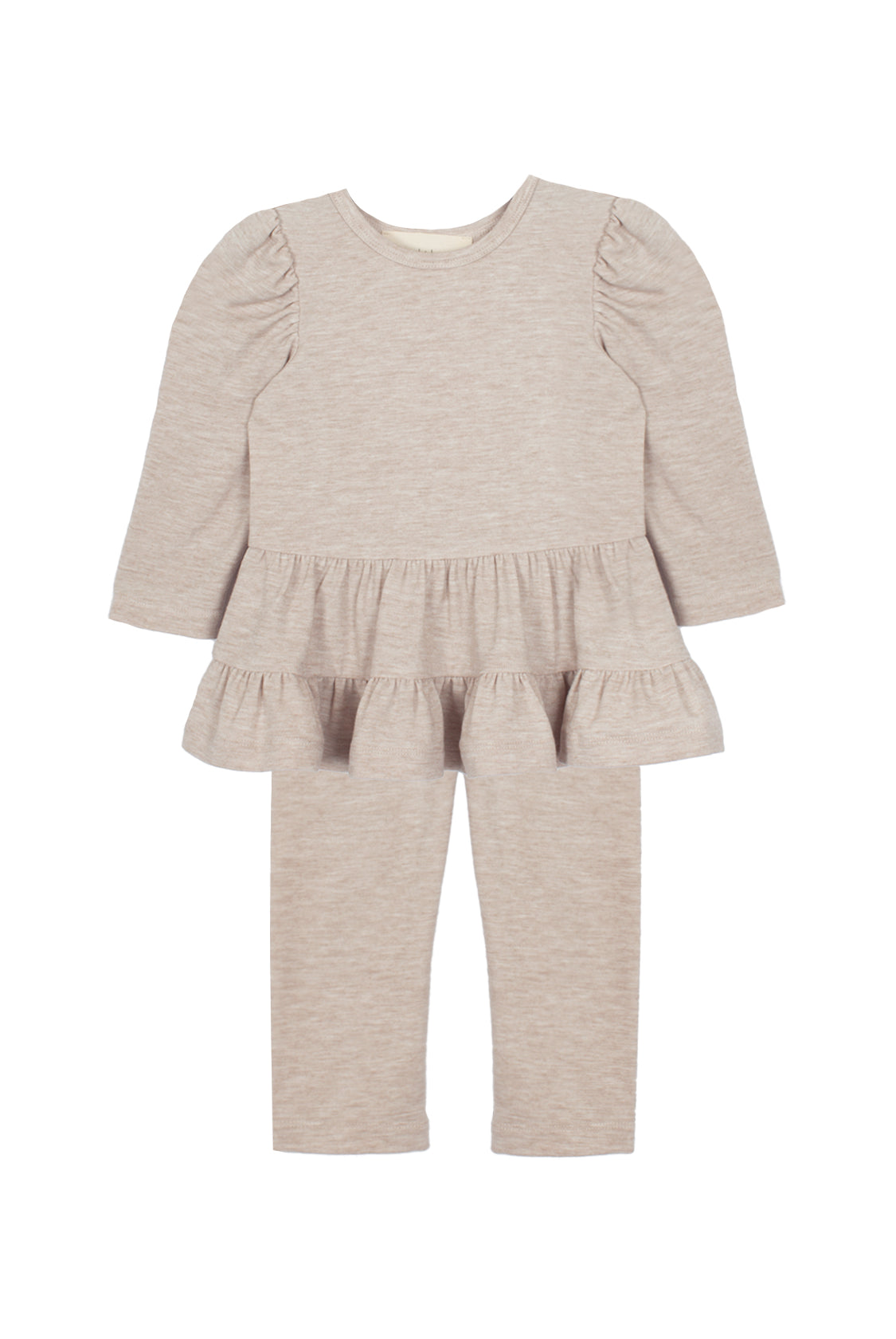 The Mabel and Honey Millie Two Piece Set offers cozy, stylish comfort for toddlers with its light beige long sleeve ruffled peplum top and matching soft knit pants.