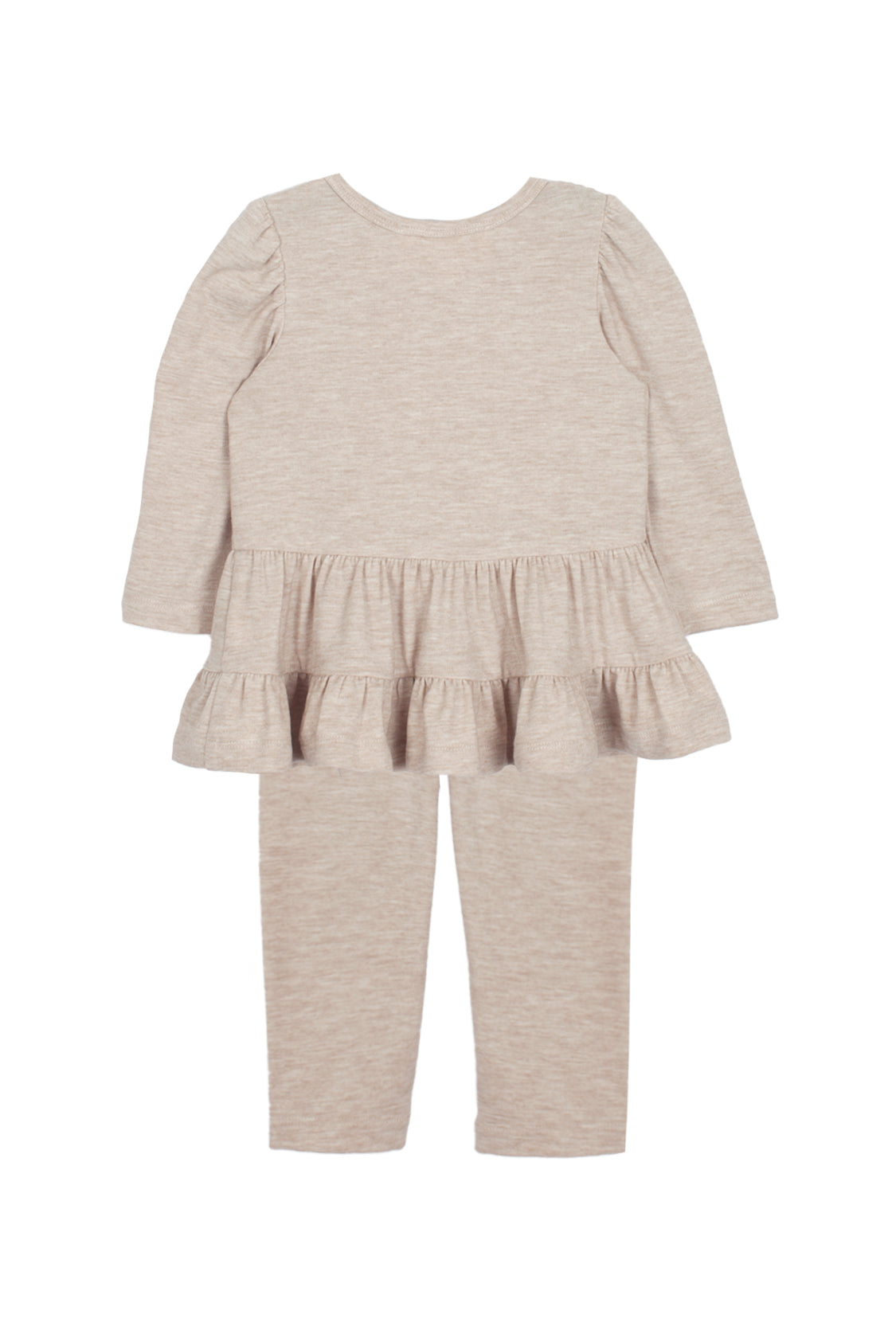 The Millie Two Piece Set by Mabel and Honey is a beige toddler outfit with a long-sleeve ruffle peplum top and matching leggings, displayed flat on a white background.