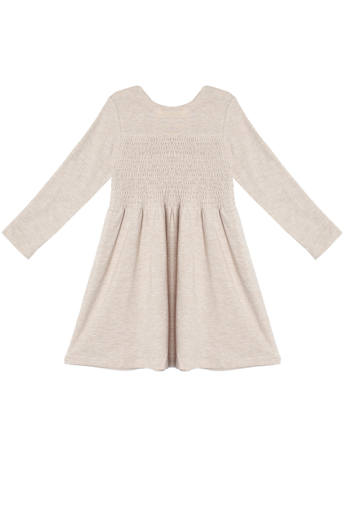 The Millie Natural Waist Dress by Mabel and Honey in light beige features a smocked bodice, long sleeves, and a gathered flared skirt, shown laid flat on a white background, back view.