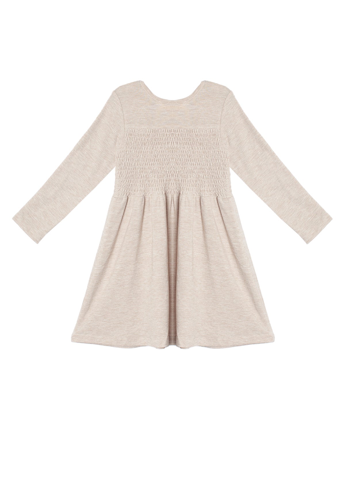 The Millie Natural Waist Dress by Mabel and Honey in light beige features a smocked bodice, long sleeves, and a gathered flared skirt, shown laid flat on a white background, back view.
