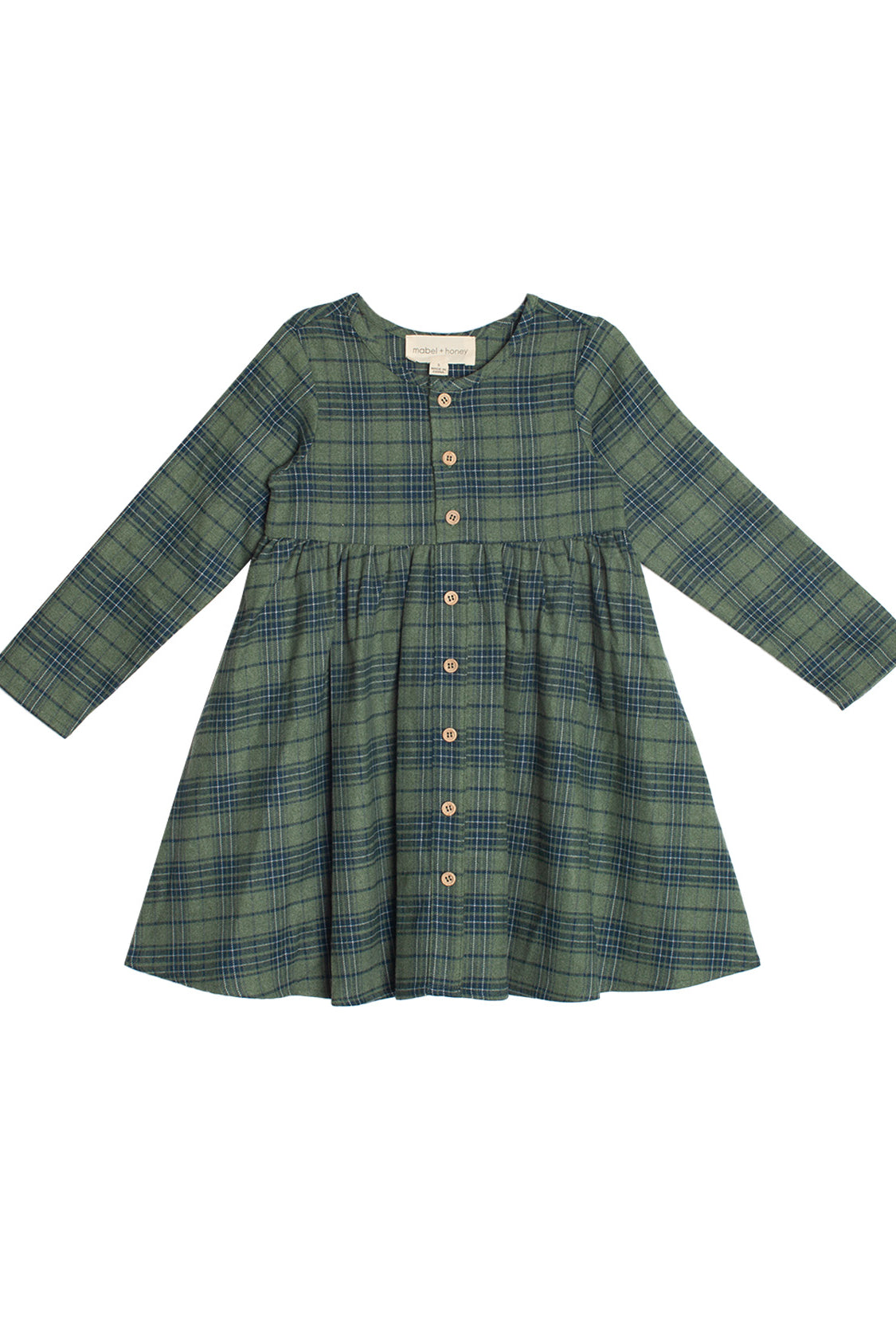 The Cozy Creatures Dress by Mabel and Honey is a children's knee-length, long-sleeve green plaid dress featuring front wooden buttons and a gathered waist.