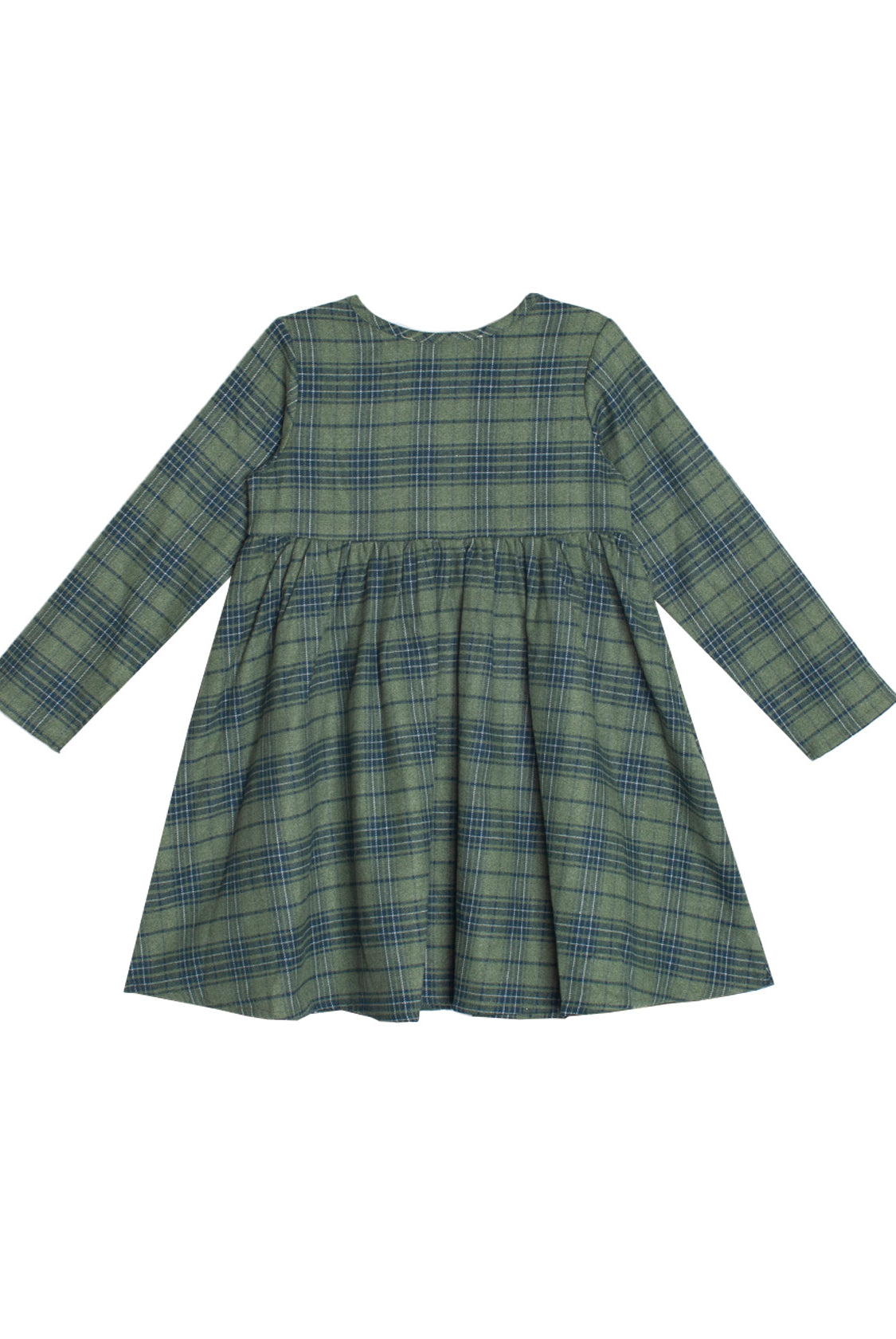 The Mabel and Honey Cozy Creatures Dress is a long-sleeve green and blue plaid dress with a gathered waist, flared skirt, and wooden button details, shown flat on a white background.